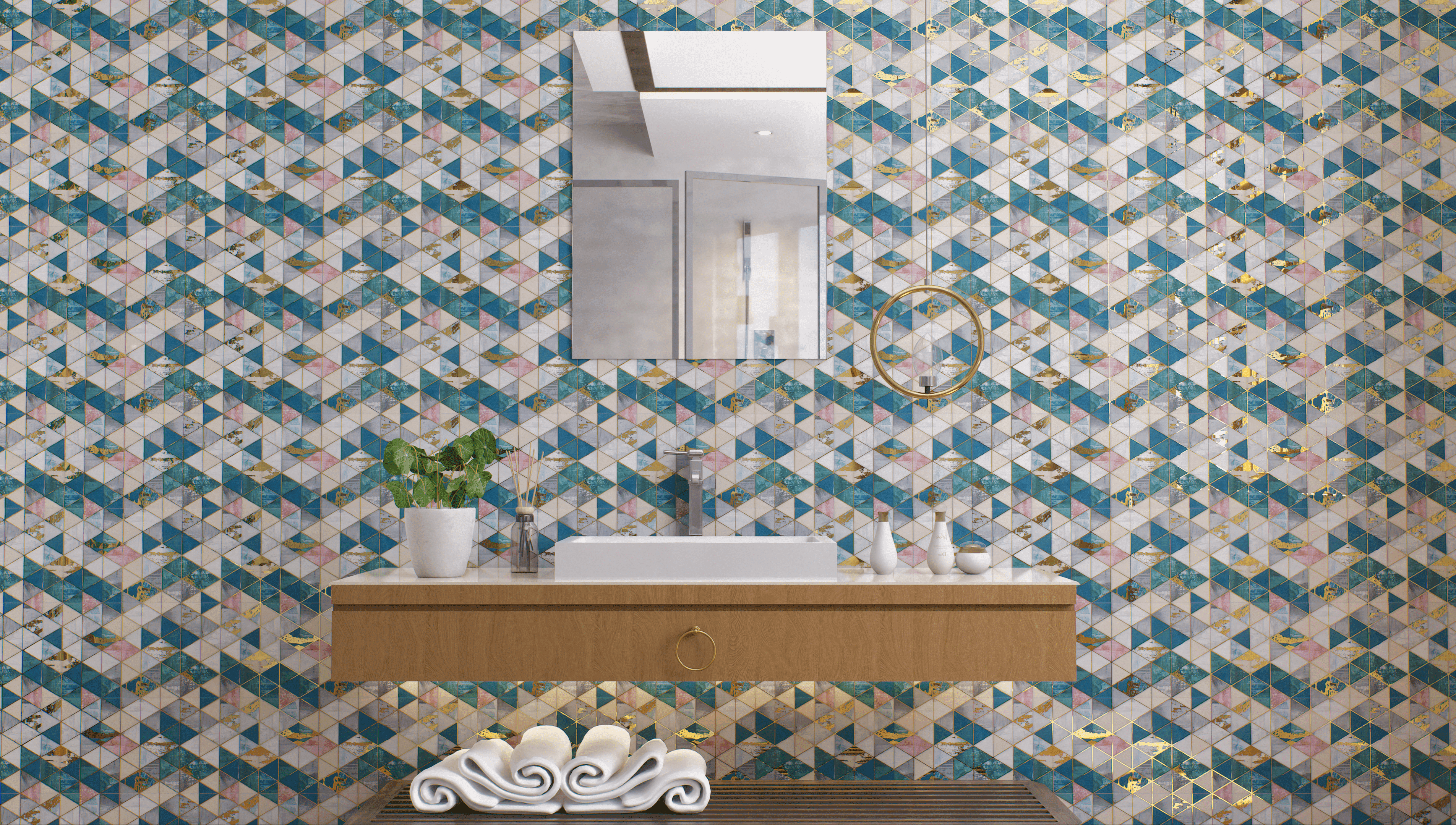 Bathroom with multicolored mosaic glass highlighter tile wall.