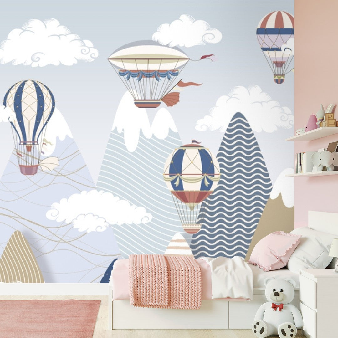 A close-up of a Charming Mountains and Balloons, Kids wallpaper Sparkla N Shine Series Entertainment Design (Customised Size Wallpaper) with a finish available at Material Depot in Bangalore