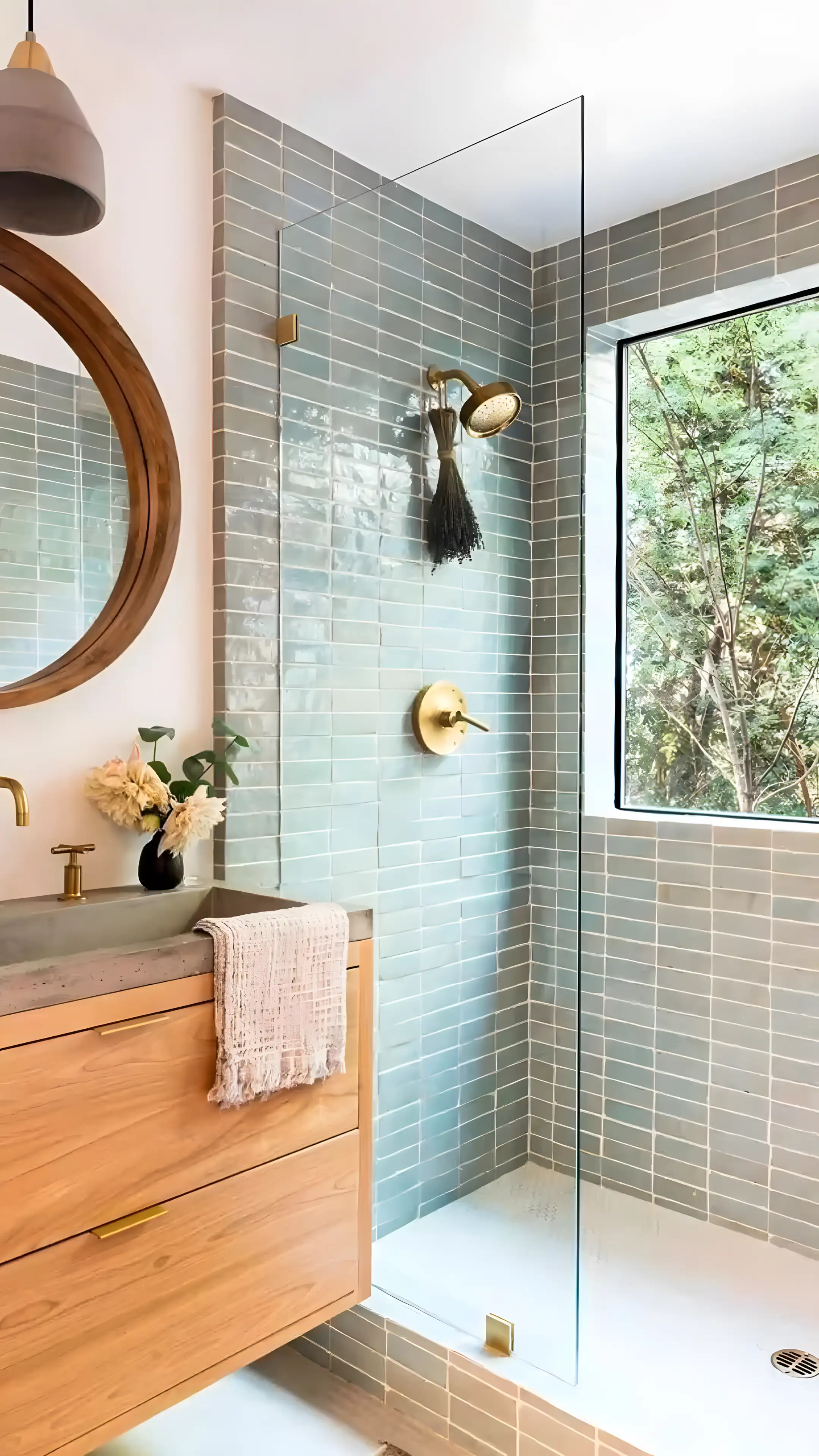 Natural Light Shower with Soft Blue Tiles and Brass Fixtures | Material Depot