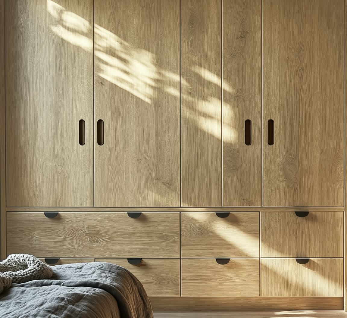 Natural Oak Wooden Laminate Wardrobe for Bright Minimalist Bedroom | Material Depot