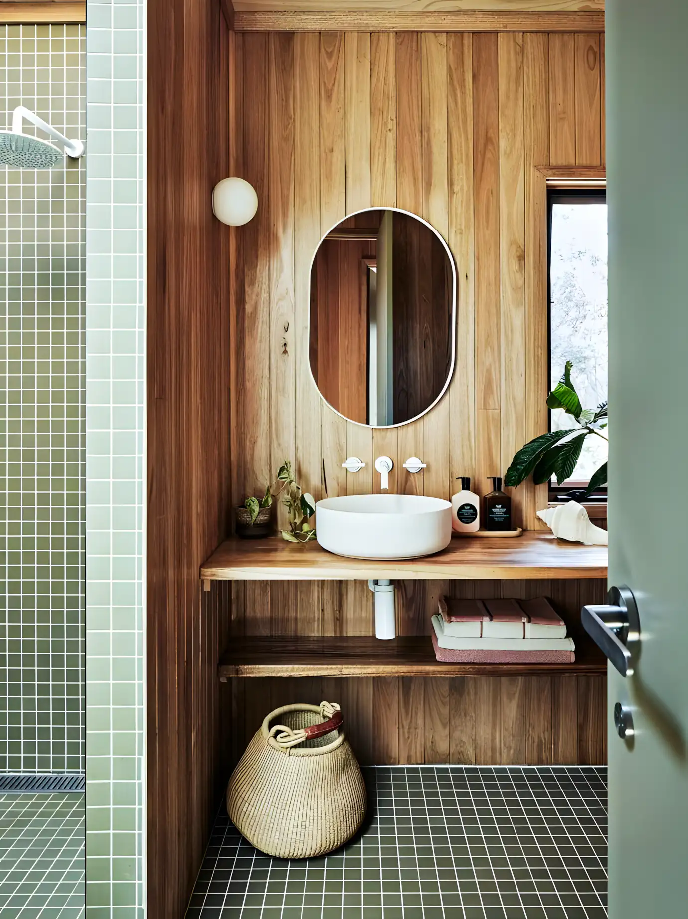 Natural Wood Bathroom with Green Tiled Shower | Material Depot