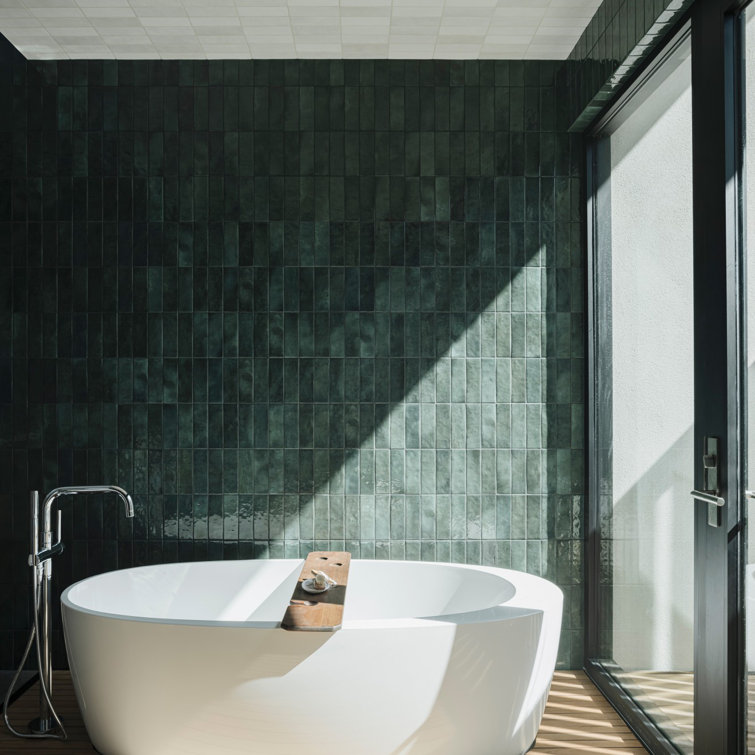 Naturalelegance Dark Green Tiles and Sunlit Serenity in Bathroom | Material Depot