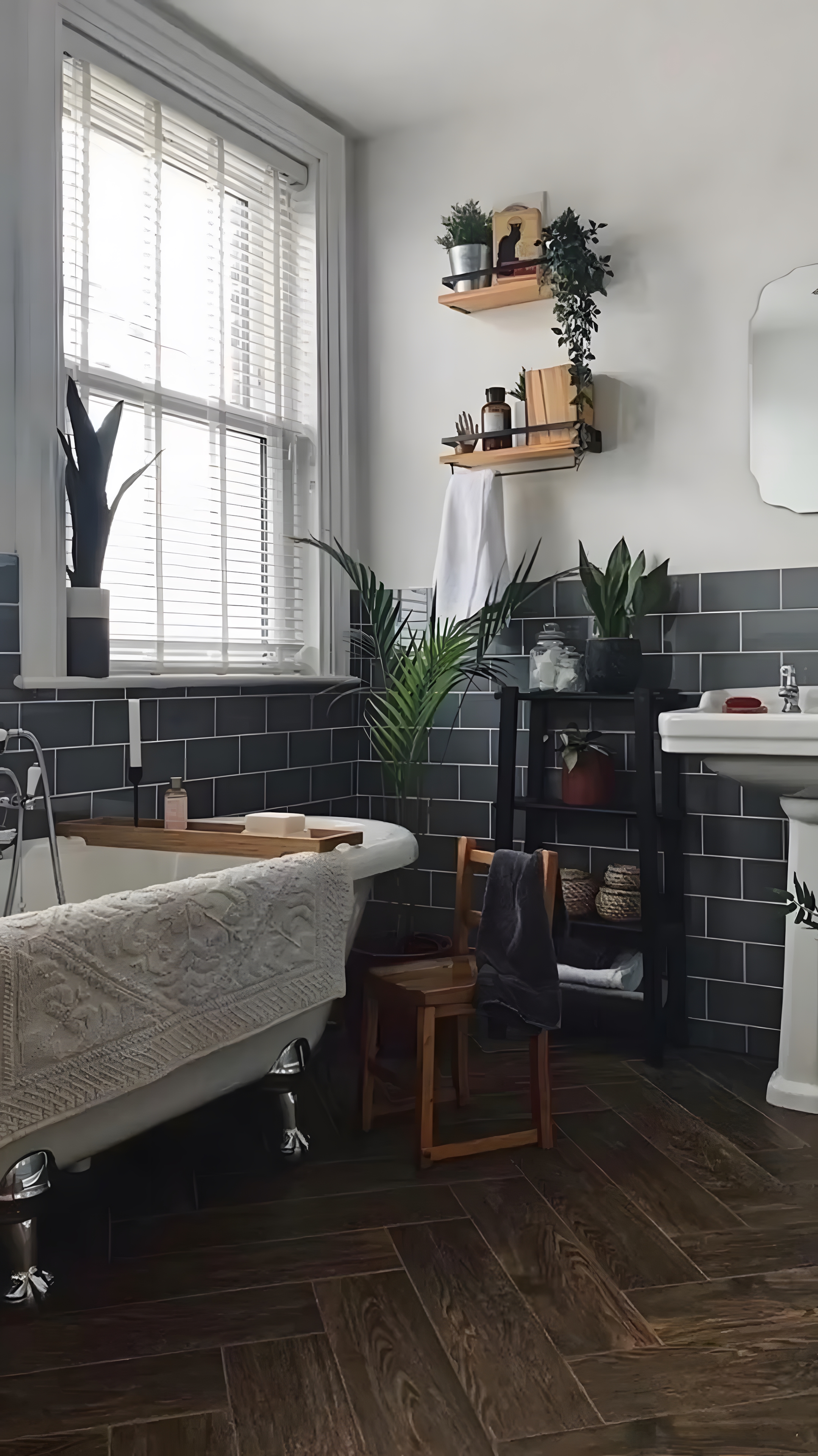 Nature-Inspired Bathroom Retreat Highlighting Dark Wood Tones and Greenery | Material Depot