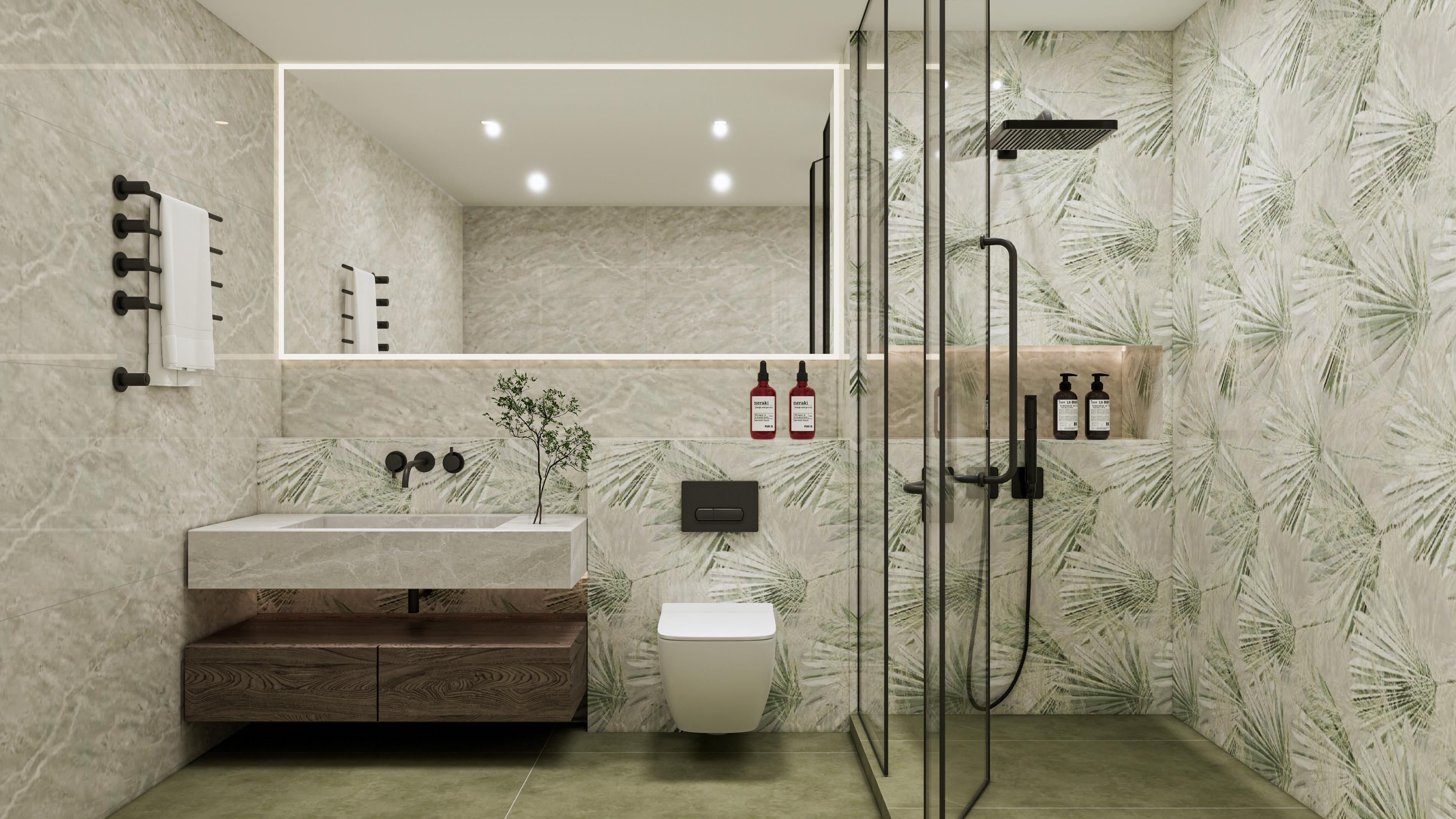 Nature-Inspired Bathroom with Palm Leaf Accents | Material Depot