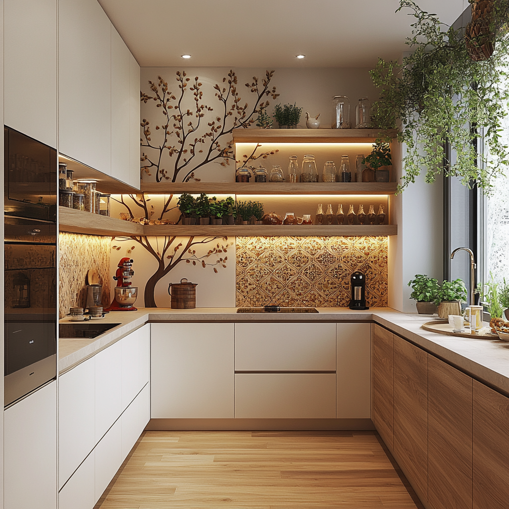 Nature-Inspired Kitchen with Floral Backsplash and Wooden Finishes | Material Depot