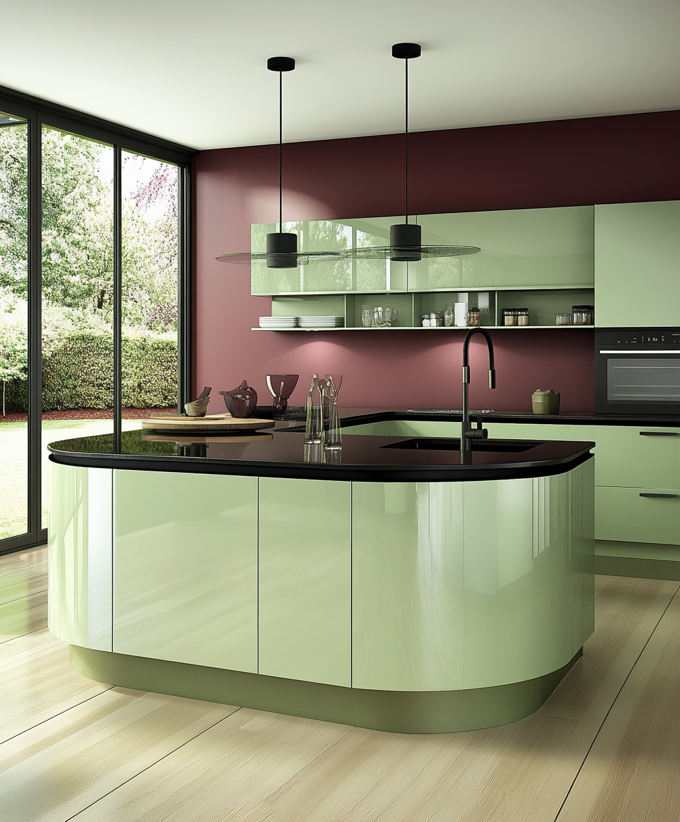 Nature-View Curved Kitchen with Burgundy and Green Palette | Material Depot