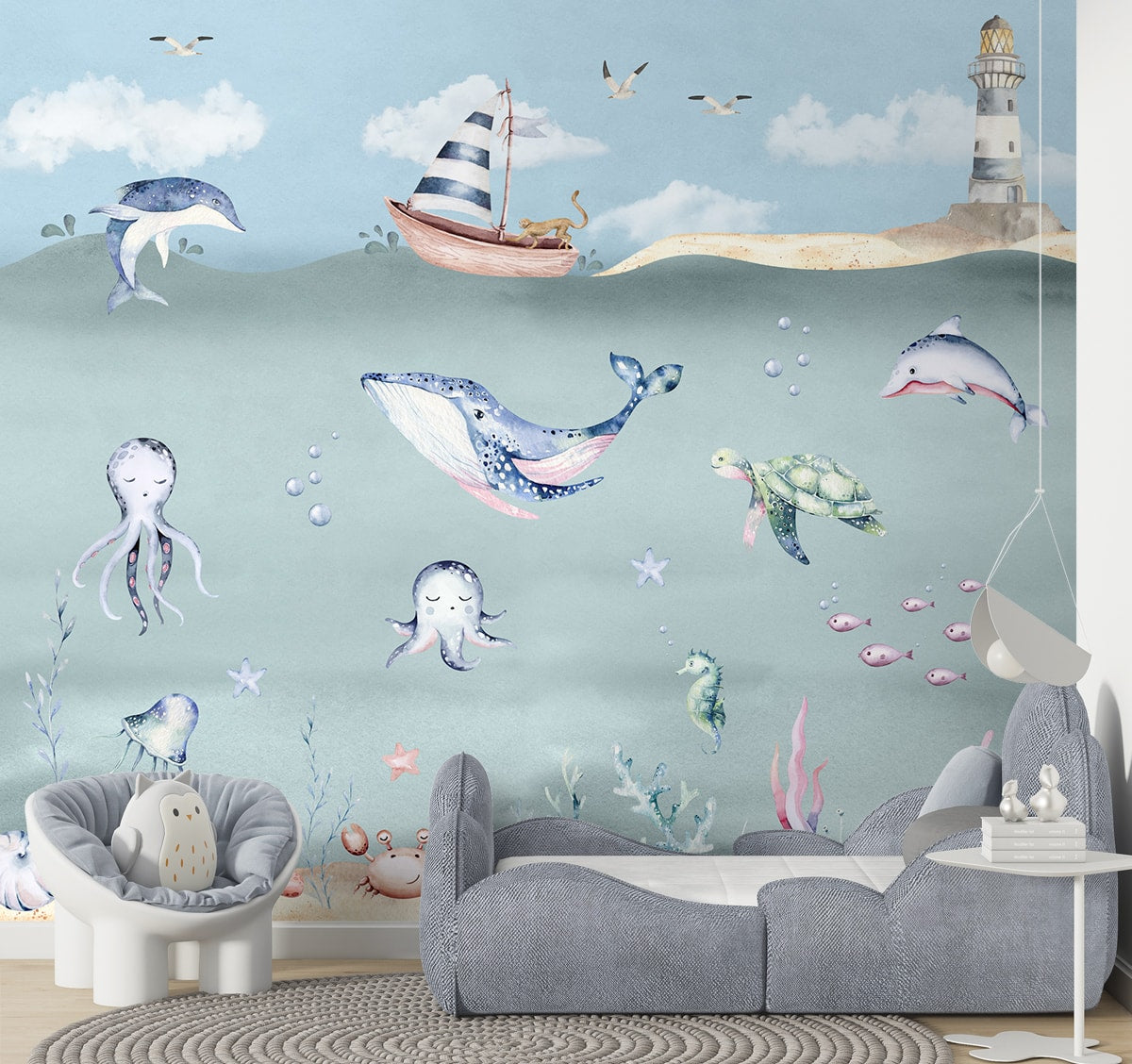 A close-up of a Ocean World, Kids Room Wallpaper, Customised Sparkla N Shine Series Entertainment Design (Customised Size Wallpaper) with a finish available at Material Depot in Bangalore