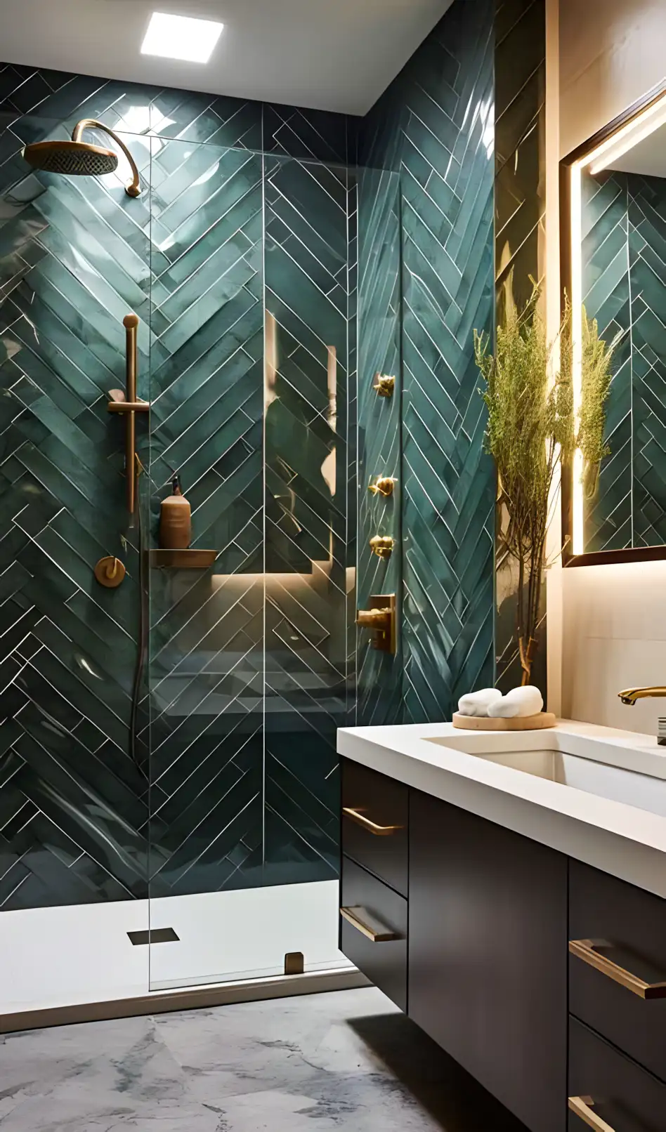 Modern Green Herringbone Tile Shower with Sleek Design | Material Depot