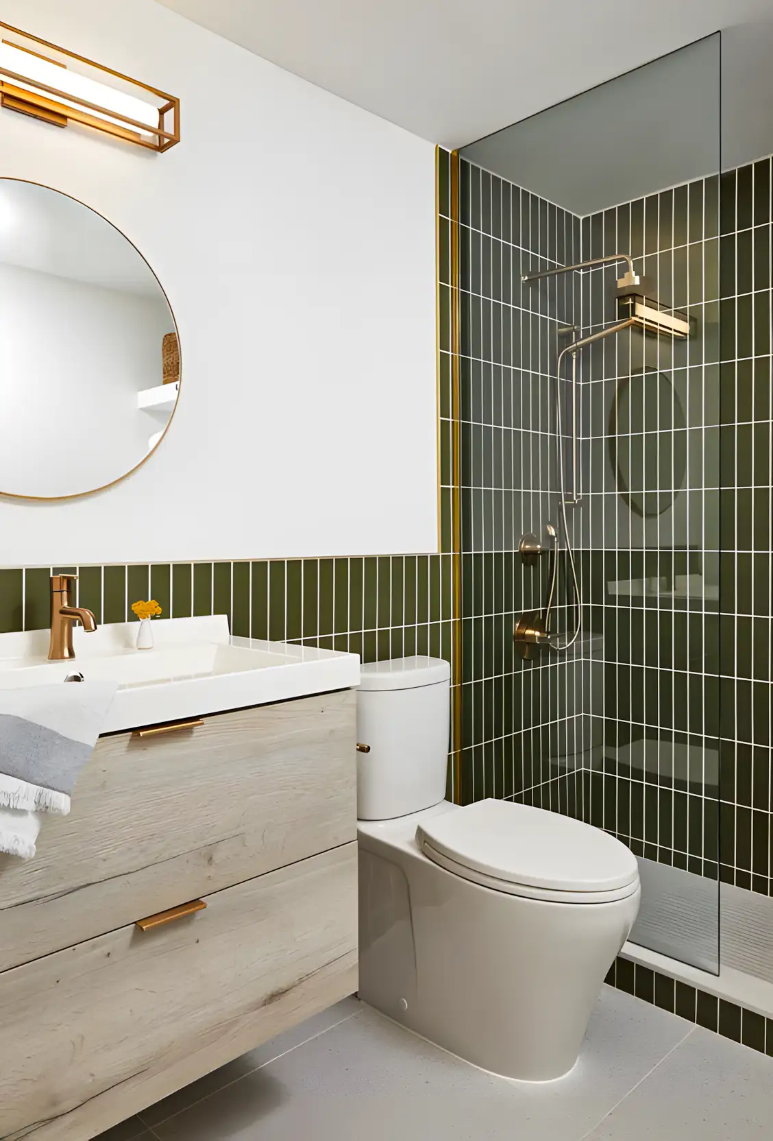 Olive Green and Oak Bathroom with Vertical Tile Accents | Material Depot