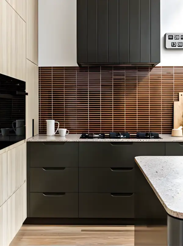 Olive Green and Terracotta Kitchen with Textured Backsplash | Material Depot