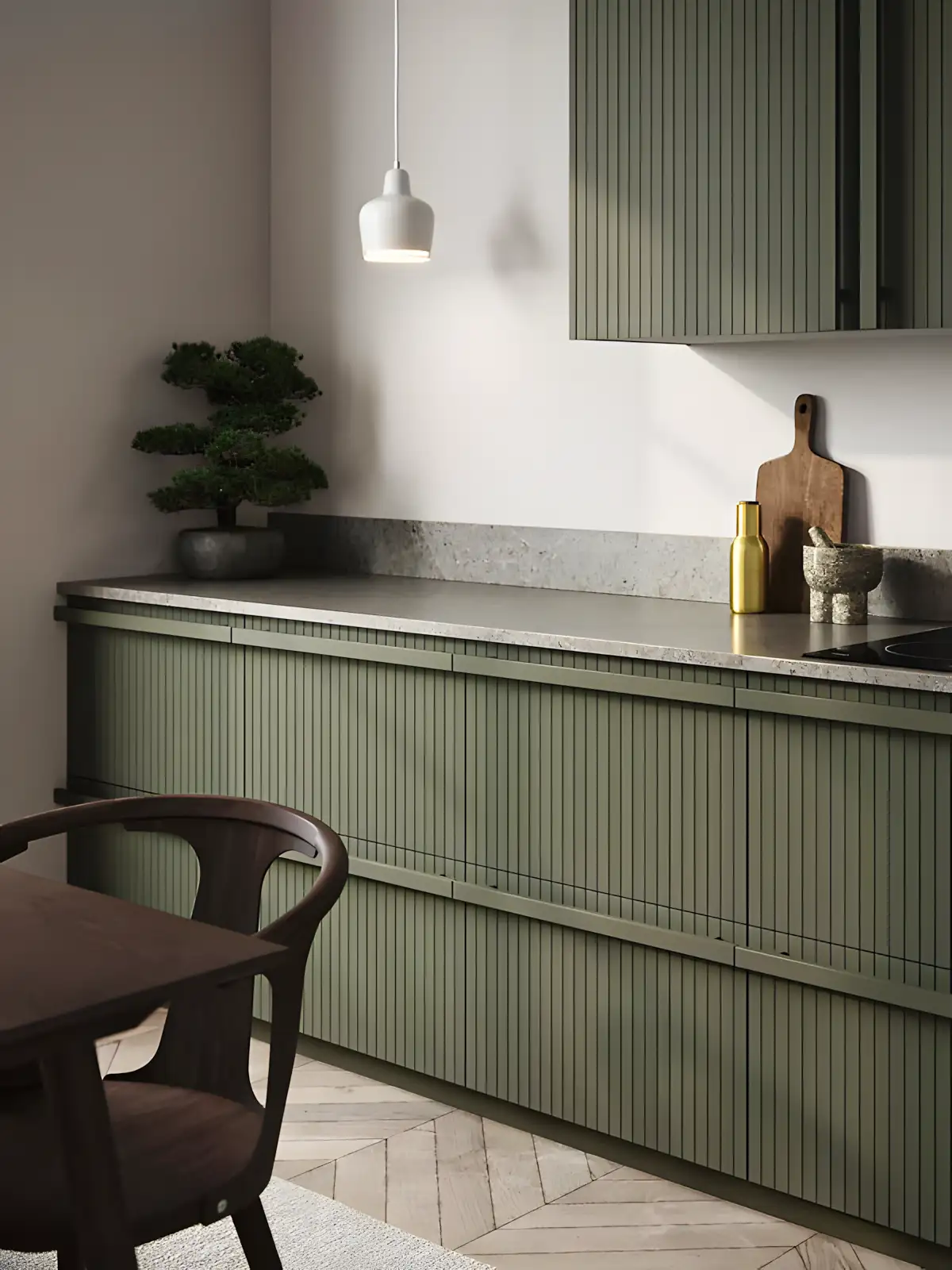 Olive Green Fluted Kitchen with Minimalist Touches | Material Depot