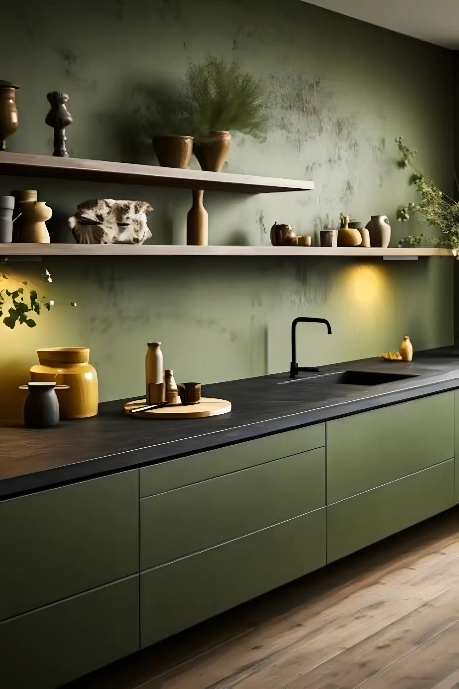 Olive Green Kitchen with Sleek Black Countertop and Floating Shelves | Material Depot