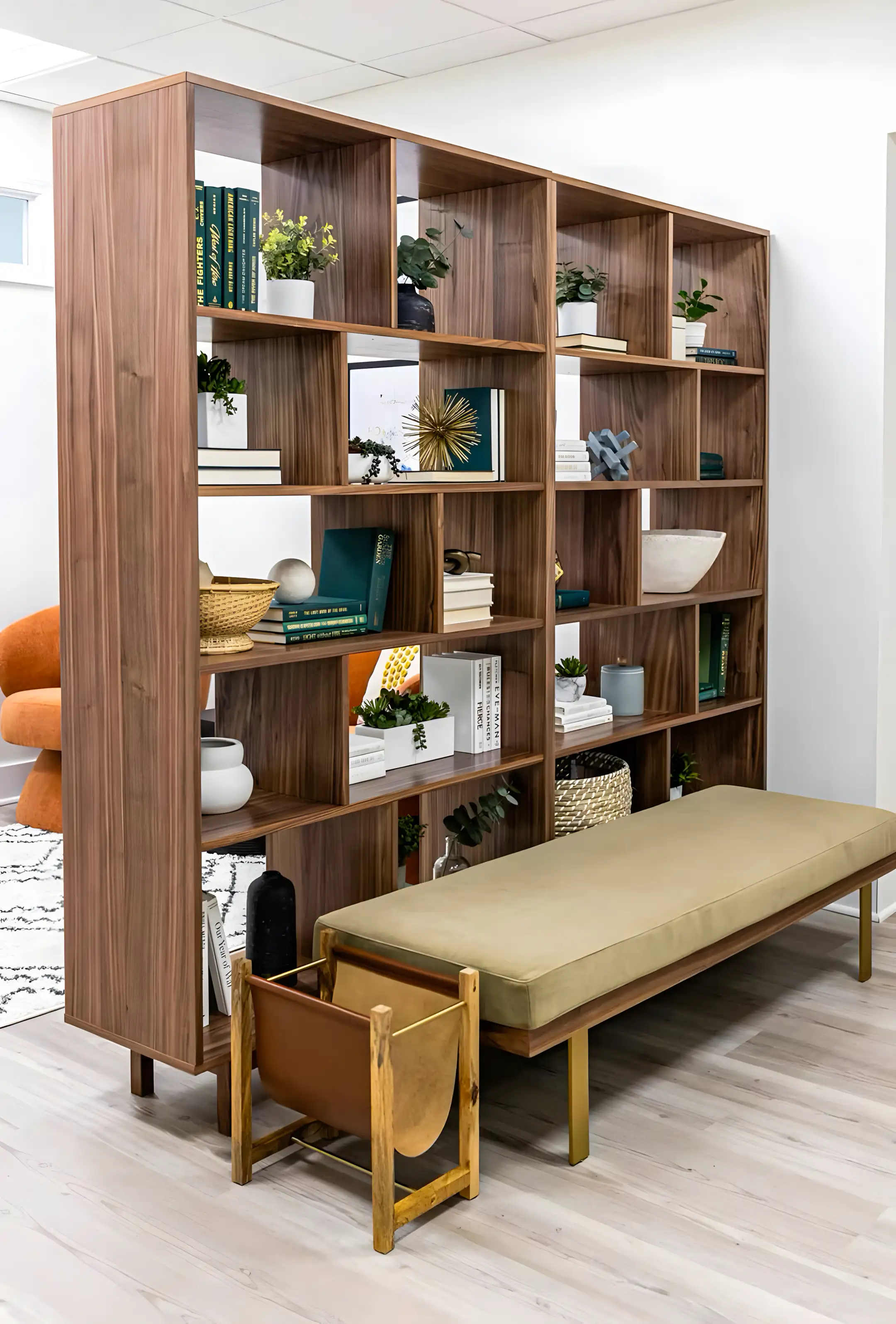 Open-Back Walnut Divider with Modern Bench | Material Depot