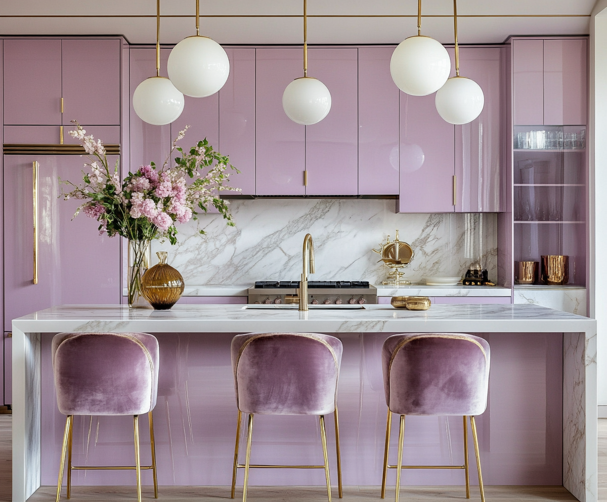 Opulent Lavender and Gold Kitchen Design with Elegant Marble Countertops and Velvet Bar Stools | Material Depot