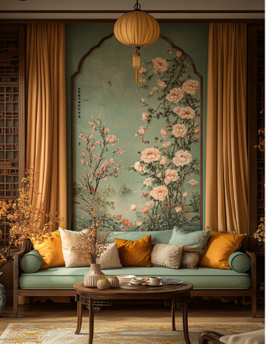 Oriental Living Room with Floral Wallpaper and Warm Earthy Accents | Material Depot