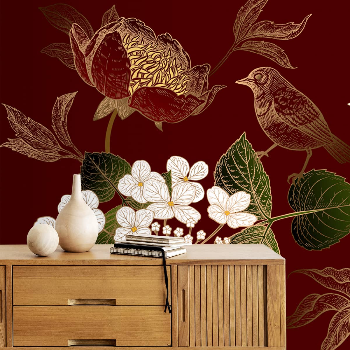 A close-up of a Red and Golden Floral Wallpaper with Birds, Customised Sparkla N Shine Series Florals Design (Customised Size Wallpaper) with a finish available at Material Depot in Bangalore