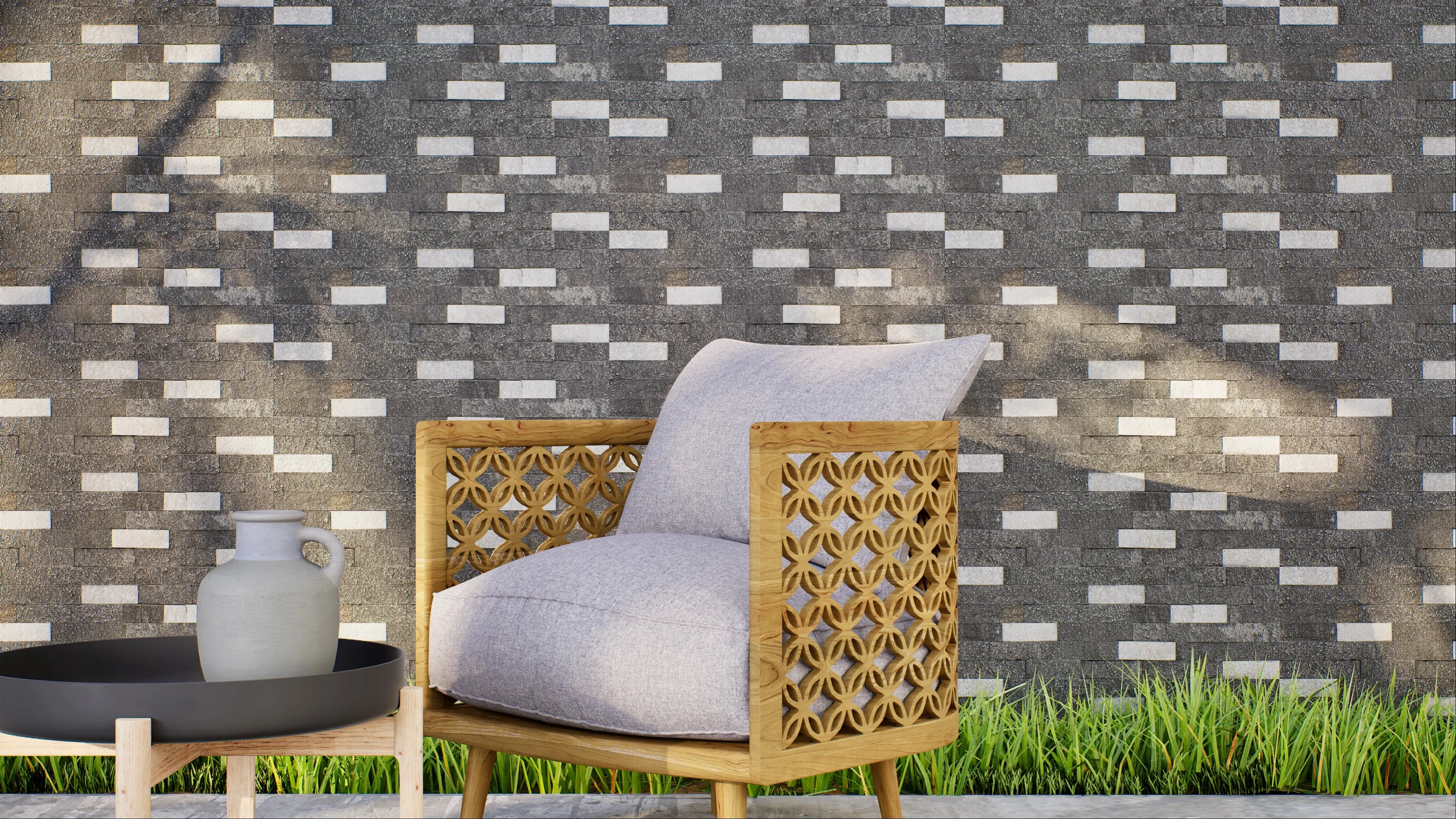 Outdoor Relaxation Area with Stylish Chair and Textured Stone Cladding | Material Depot