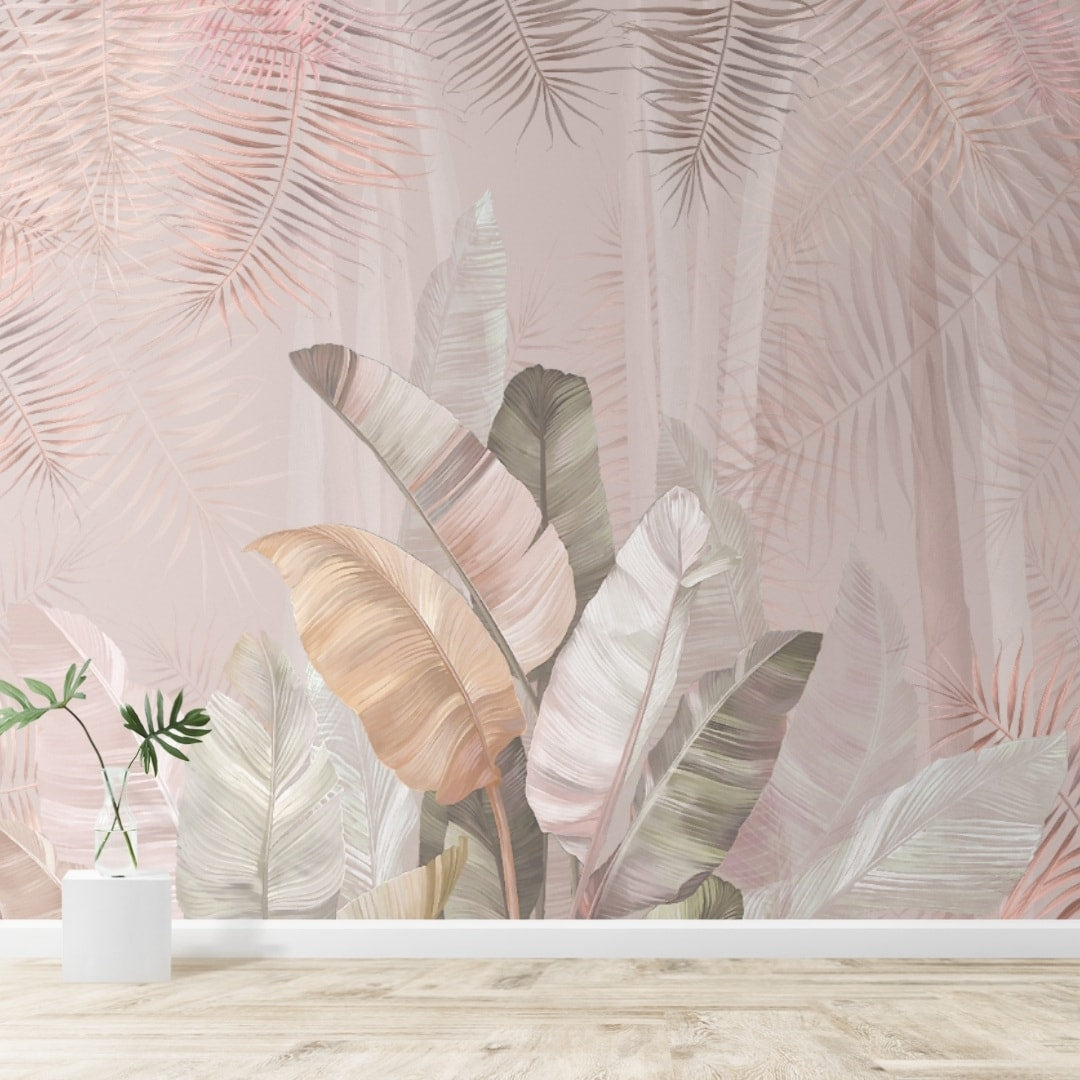 A close-up of a Pallav, A Champagne Pink Colors Tropical Wallpaper Indrani Series Soft Feel Tropical Design (Customised Size Wallpaper )available at Material Depot in Bangalore