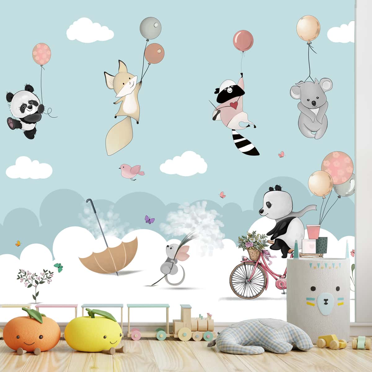 A close-up of a Furry Friends, Cute Nursery Panda Wallpaper, Customised Sparkla N Shine Series Entertainment Design (Customised Size Wallpaper) with a finish available at Material Depot in Bangalore