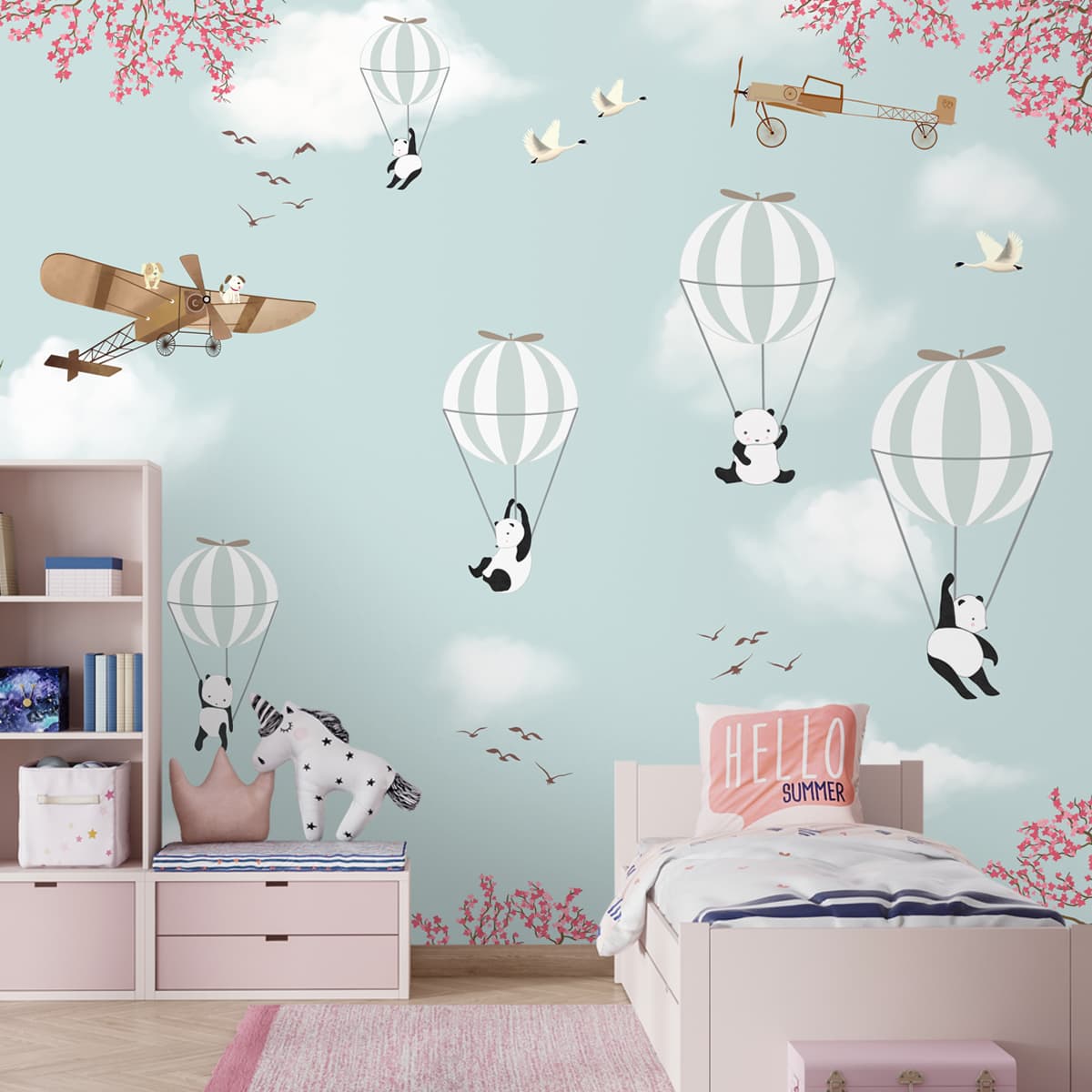 A close-up of a Flying Panda and Hot Air Balloons Kids Rooms Wallpaper, Customised Sparkla N Shine Series Entertainment Design (Customised Size Wallpaper) with a finish available at Material Depot in Bangalore