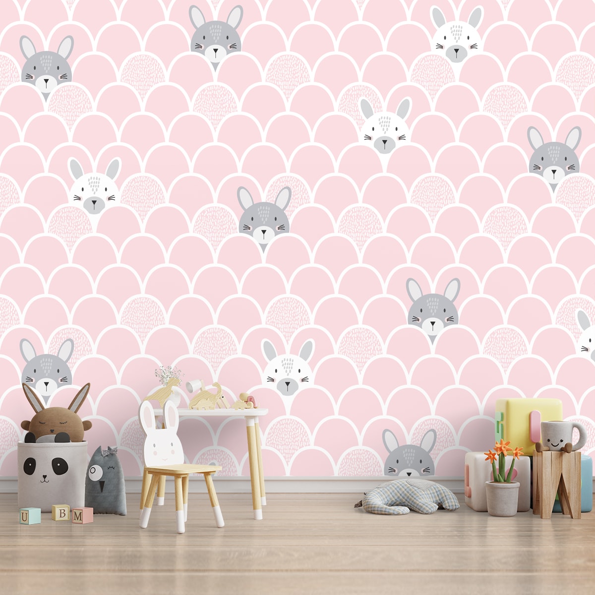 A close-up of a Cute Pastel Bunny Design Wallpaper for Kids Room Sparkla N Shine Series Patterned Design (Customised Size Wallpaper) with a finish available at Material Depot in Bangalore