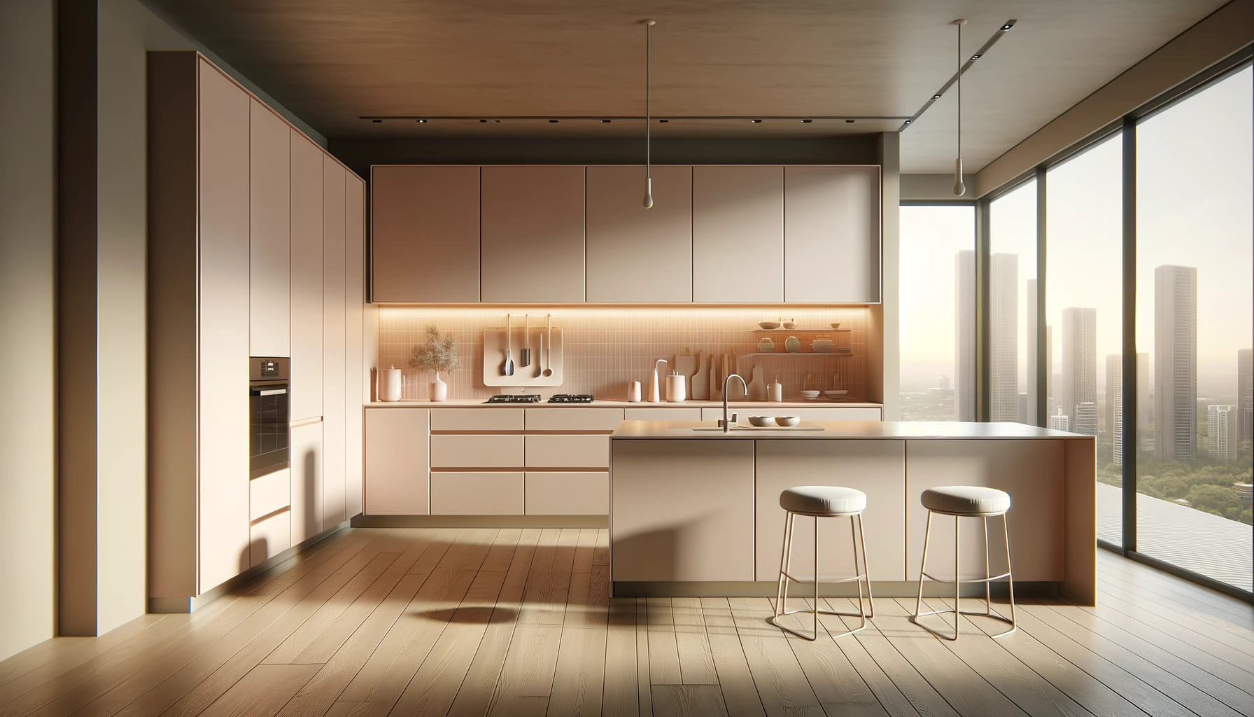 Peachy Modern Kitchen with Cityscape Views and Soft Hues | Material Depot