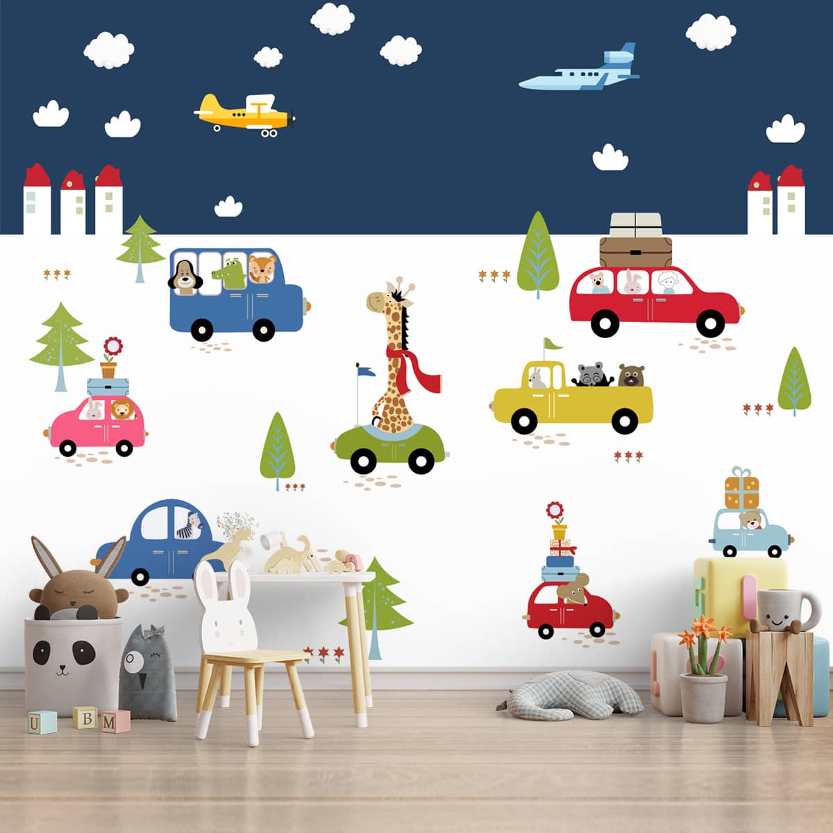 A close-up of a Animals Going on Picnic, Kids Room Wallpaper Sparkla N Shine Series Entertainment Design (Customised Size Wallpaper) with a finish available at Material Depot in Bangalore