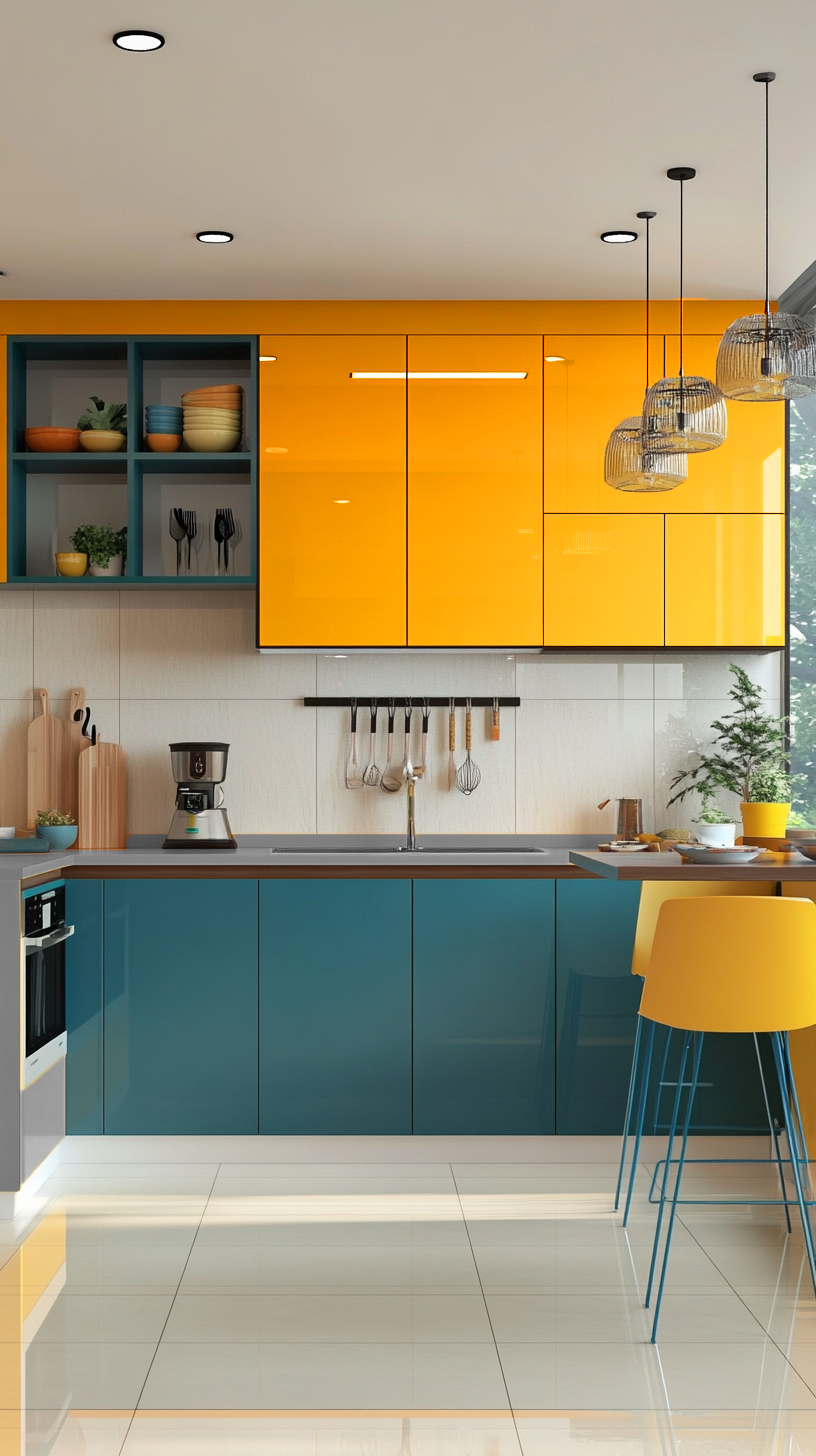 Playful Yellow and Teal Glossy Solid Laminate Kitchen with Open Shelves | Material Depot