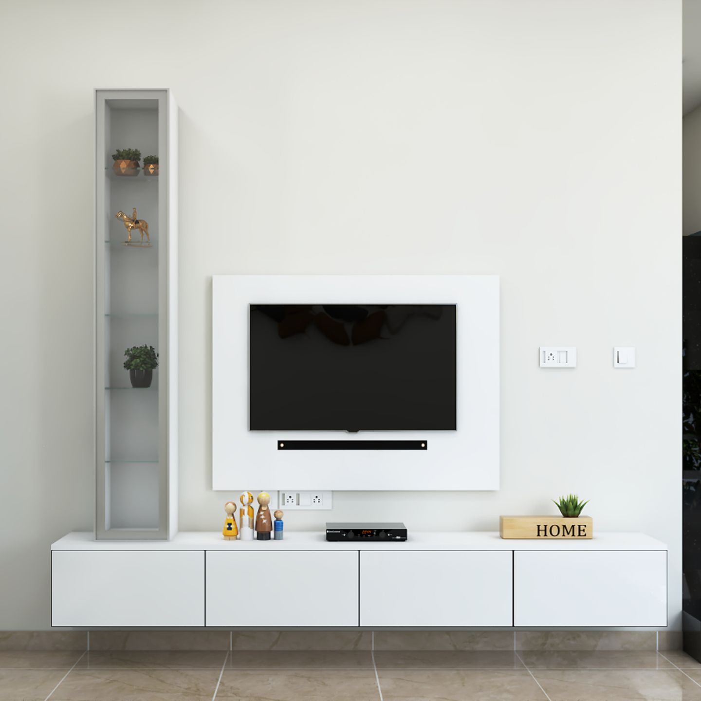 All-White Minimalist TV Unit with Storage.