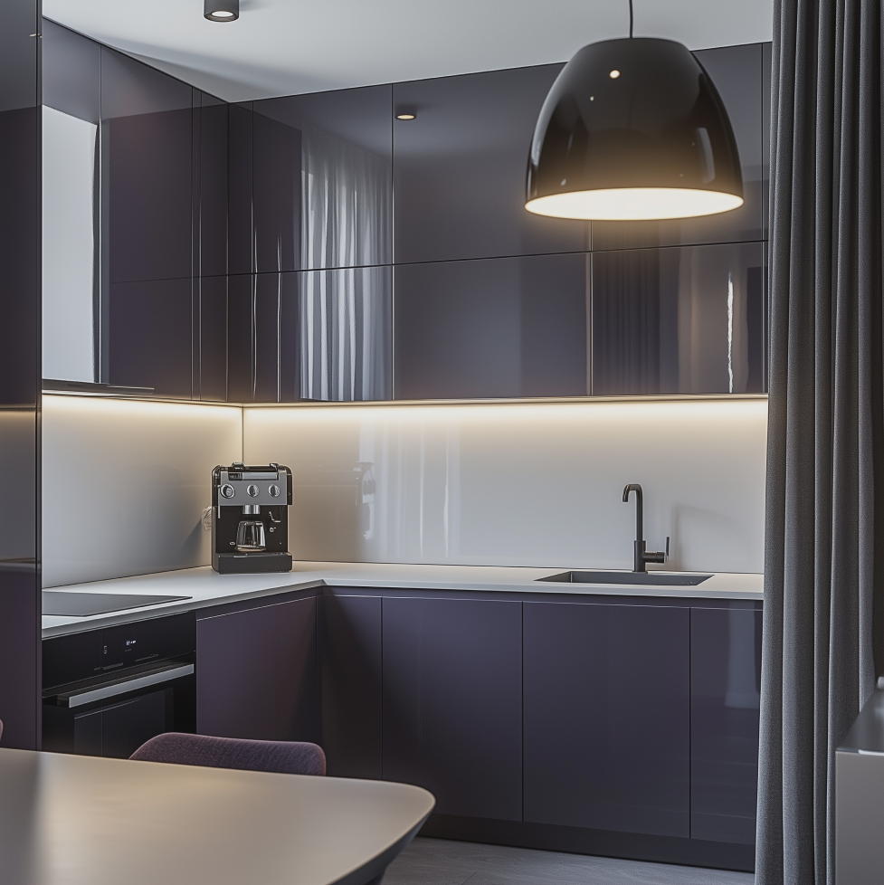 Purple Glossy Kitchen with Modern Lighting and Minimalist Design | Material Depot