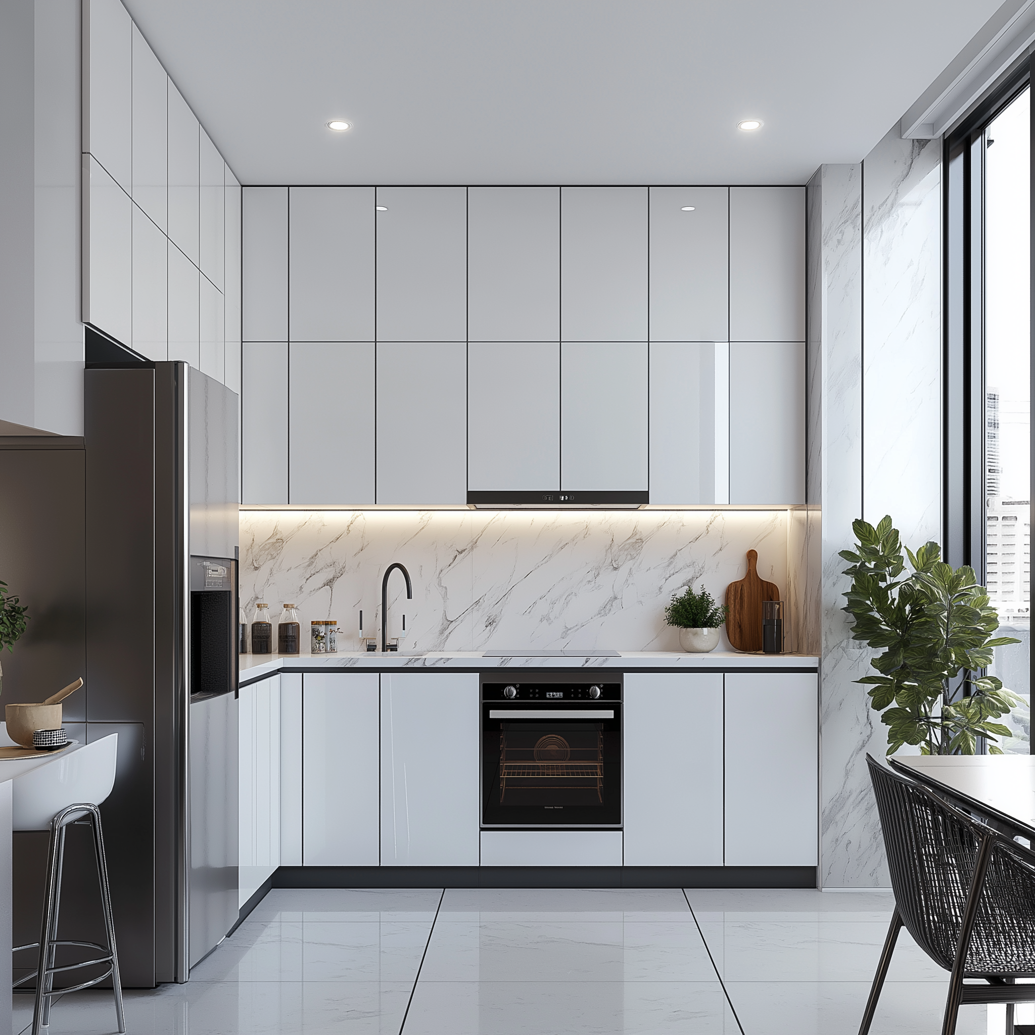 Radiant Simplicity: Bright White Kitchen with Marble Accents and Sleek Functionality | Material Depot