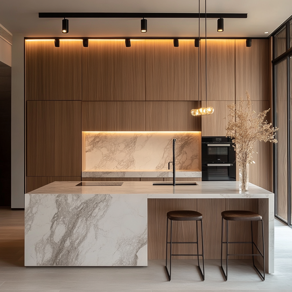 Refined Elegance in a Modern Kitchen: Sleek Wooden Finishes Meets Luxurious Marble Island | Material Depot