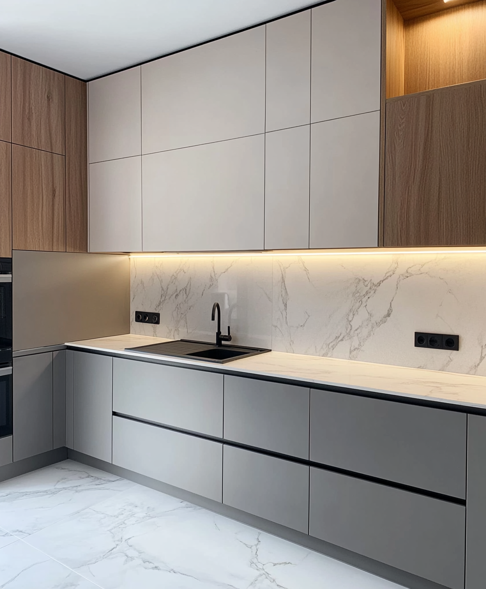 Refined Light Grey Kitchen with Walnut and Marble Highlights | Material Depot