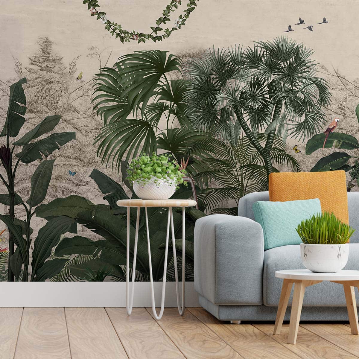 A close-up of a Tropical Theme Vintage Wallpaper for Walls, Customised Indrani Series Soft Feel Tropical Design (Customised Size Wallpaper )available at Material Depot in Bangalore