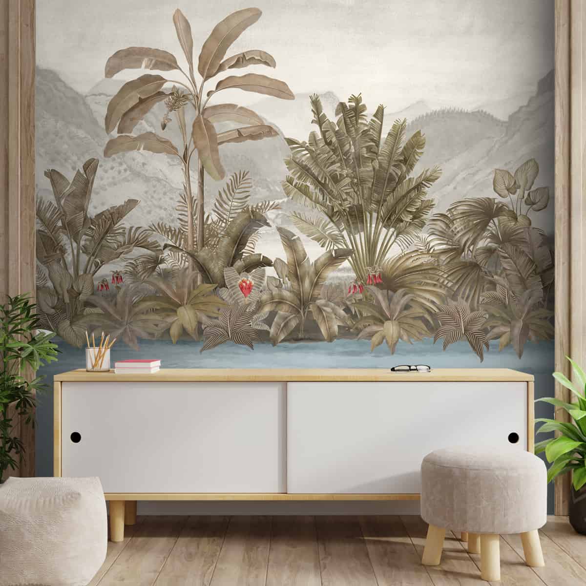 A close-up of a Vintage Theme Tropical Foliage Wallpaper, Customised Indrani Series Soft Feel Tropical Design (Customised Size Wallpaper )available at Material Depot in Bangalore