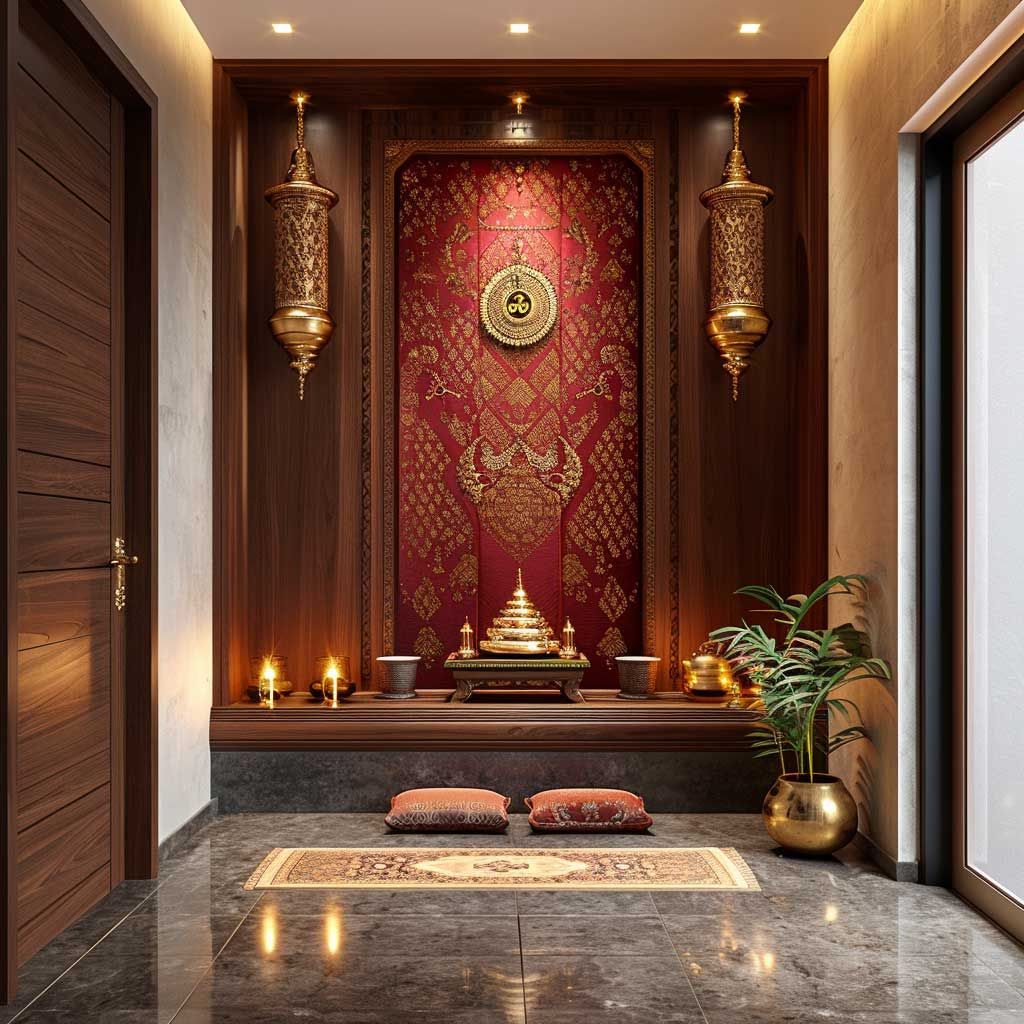 Richly Detailed Pooja Room with Ornate Red and Gold Backdrop | Material Depot