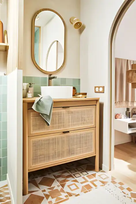 Rustic Bathroom Vanity with Rattan Accents and Soft Green Tiles | Material Depot