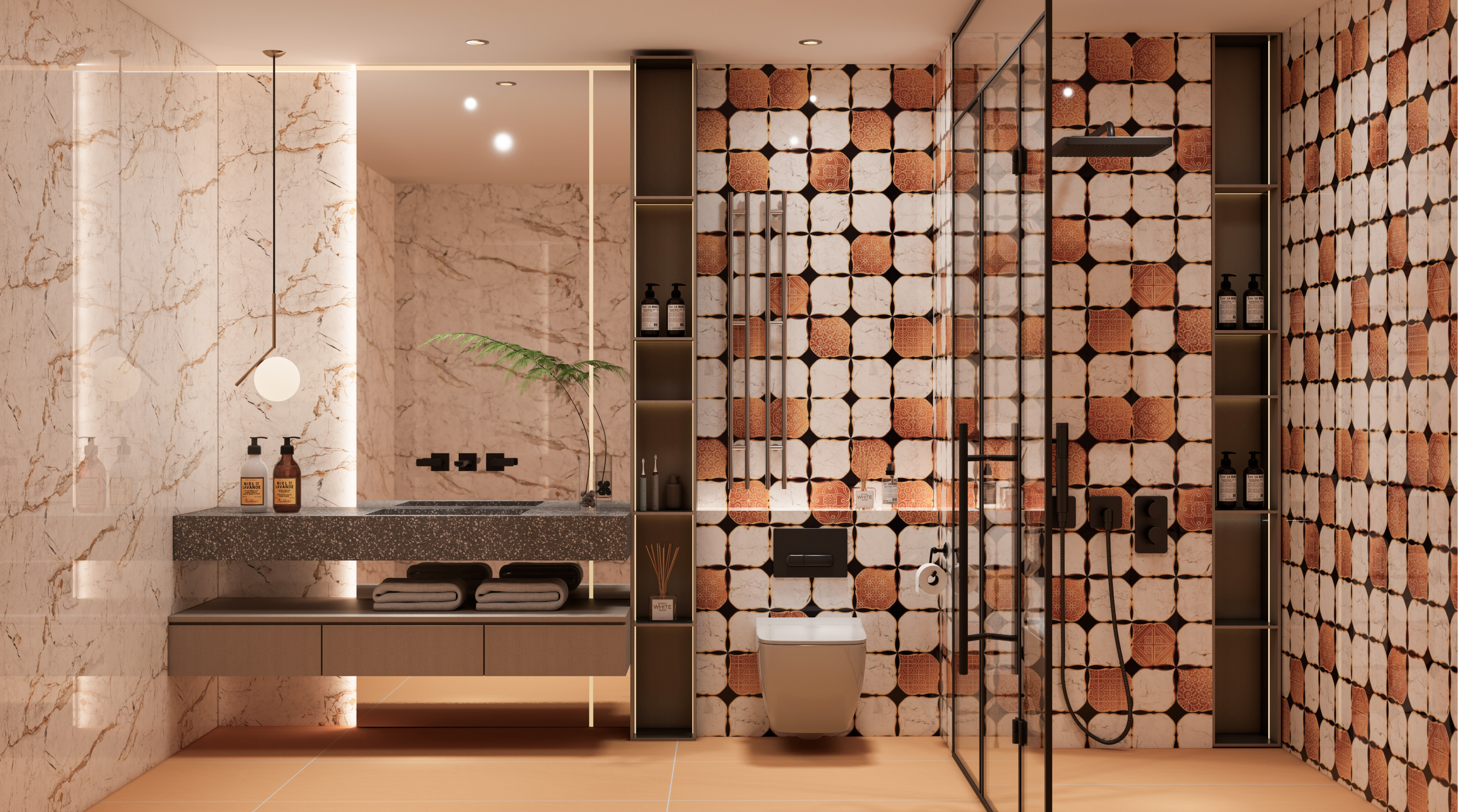 Rustic Bathroom with Terracotta Patterned Tiles | Material Depot