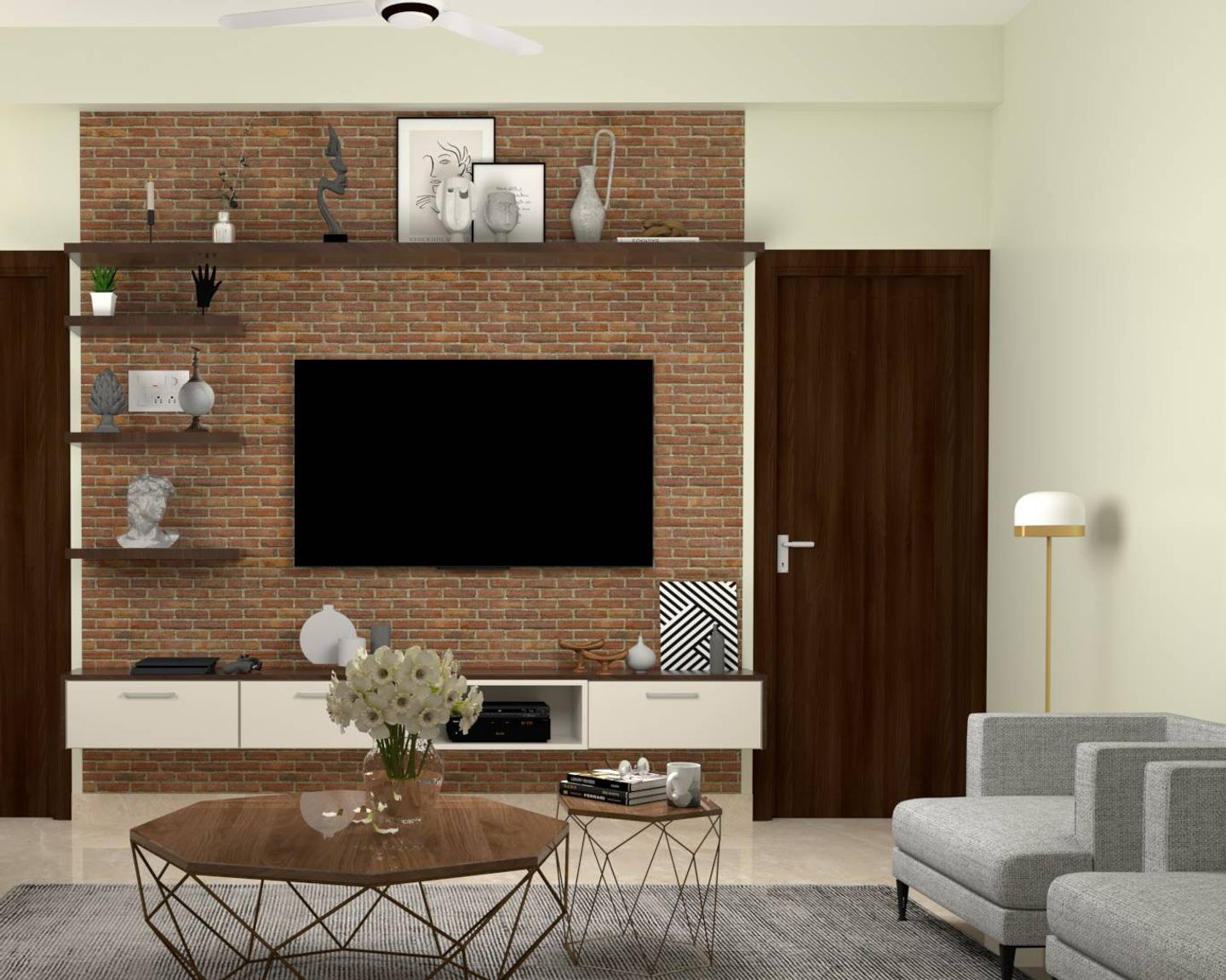 Rustic TV Unit with Brick Texture.