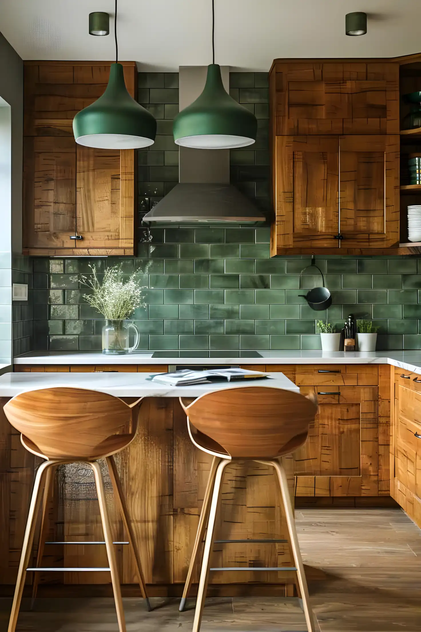 Rustic Charm: Wooden Kitchen with Green Tile Backsplash | Material Depot