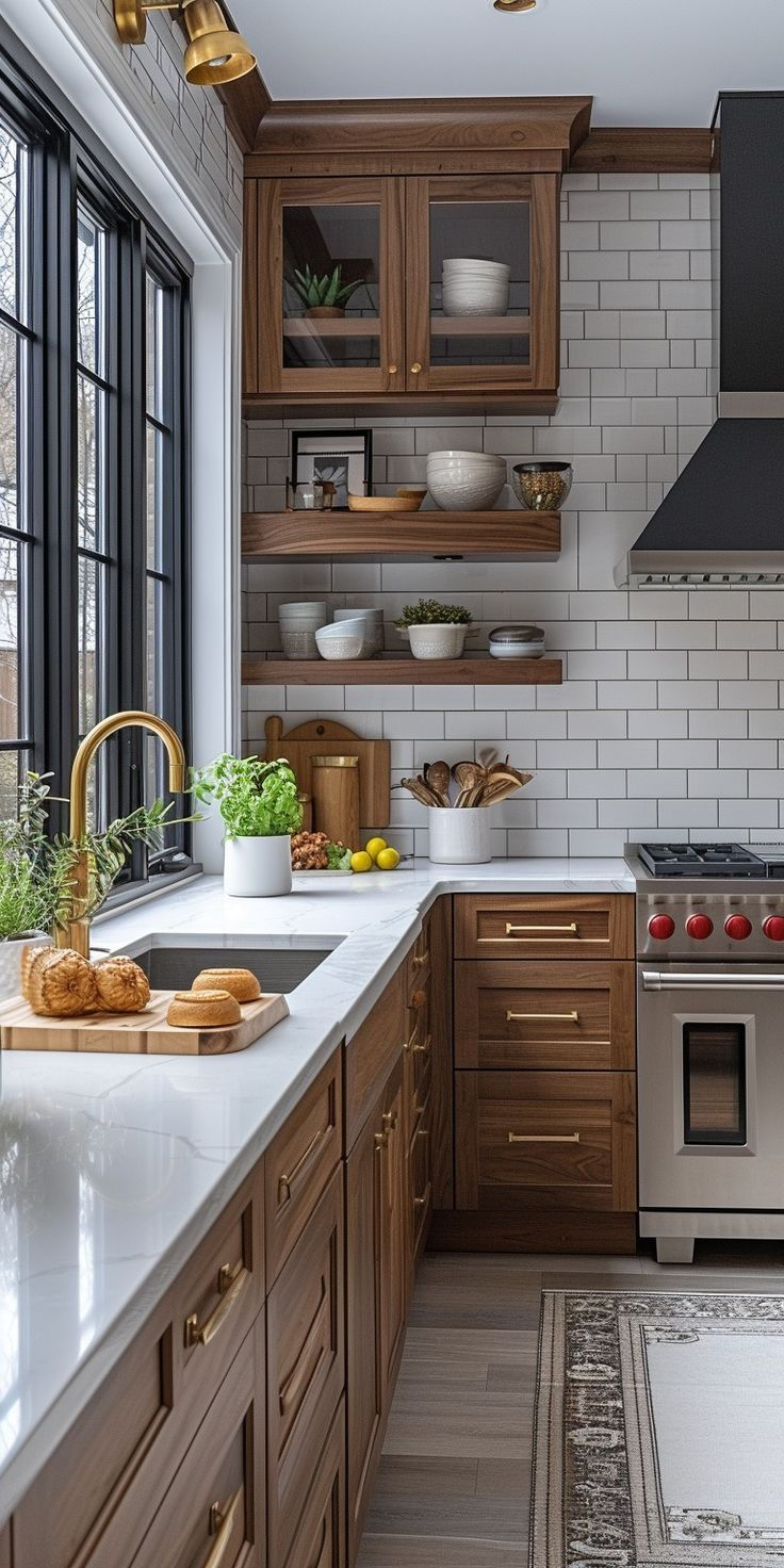 Rustic Elegance: Warm Walnut Cabinetry Meets Sleek Subway Tiles in a Chic Kitchen | Material Depot