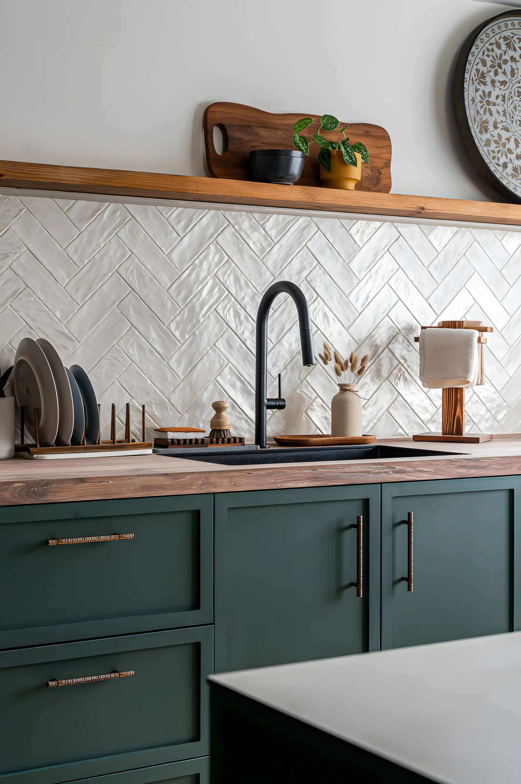 Rustic Green Kitchen with Herringbone Backsplash | Material Depot