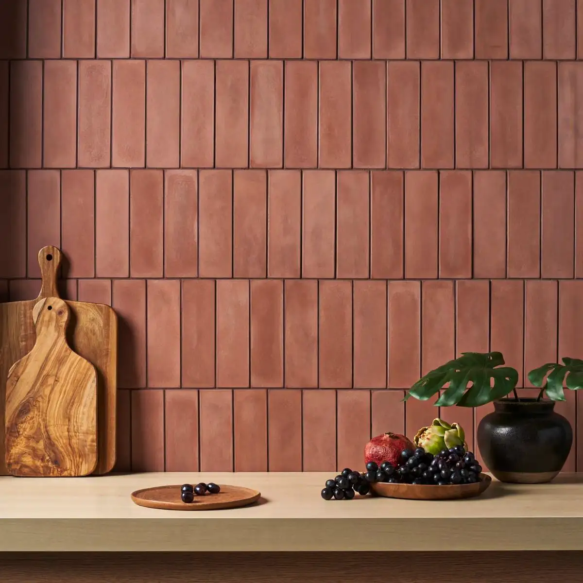 Rustic Kitchen Backsplash with Warm Terracotta Tiles and Wooden Accents | Material Depot