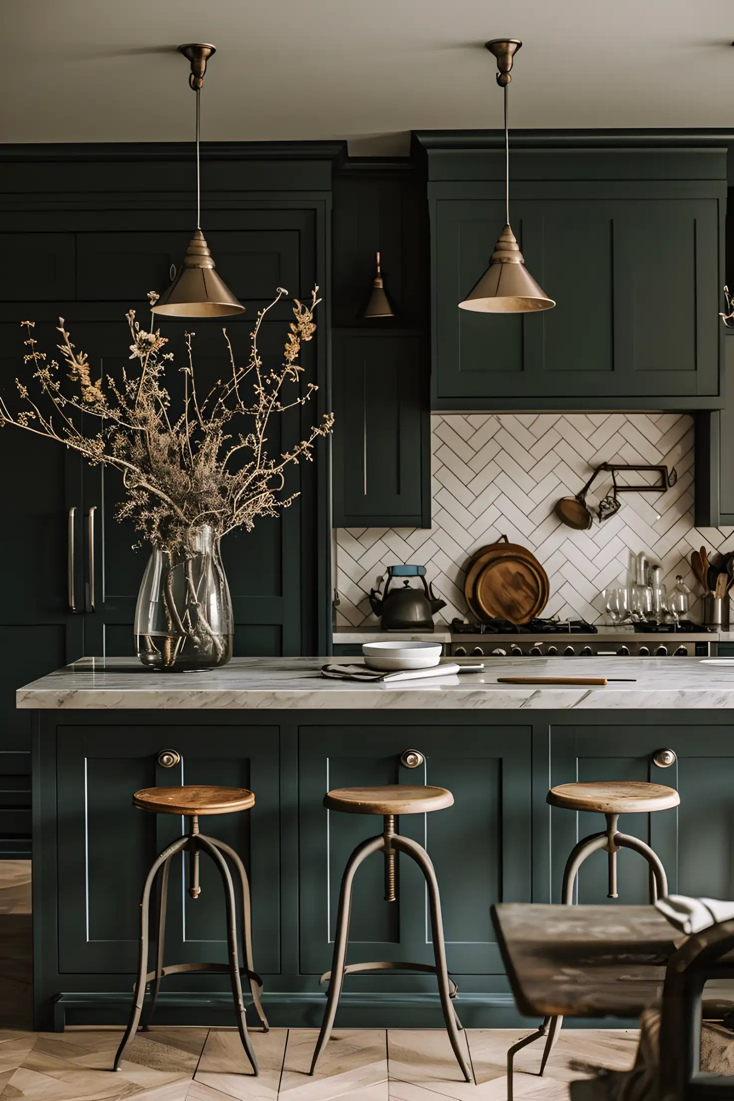 Rustic Kitchen Charm: Deep Green and Marble | Material Depot