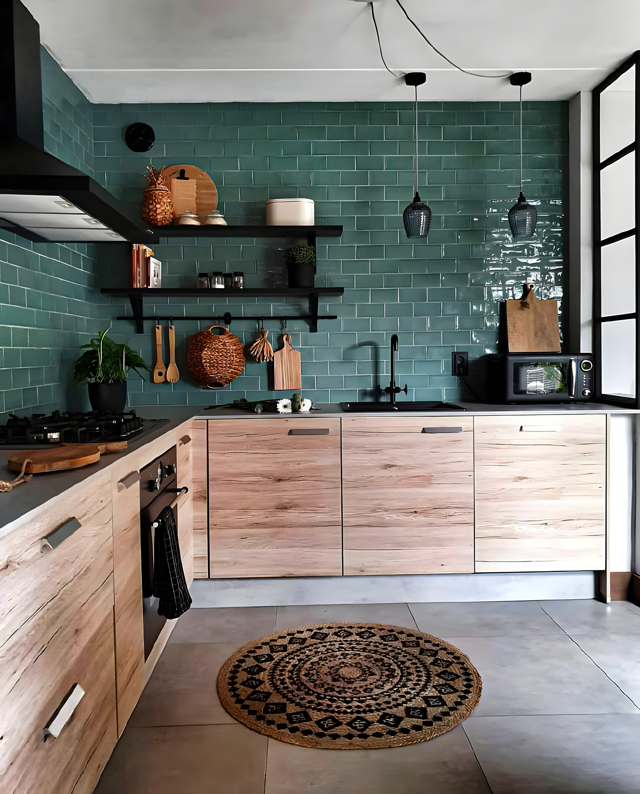 Rustic kitchen featuring natural wood cabinets, teal subway tiles, and cozy earthy accents. | Material Depot