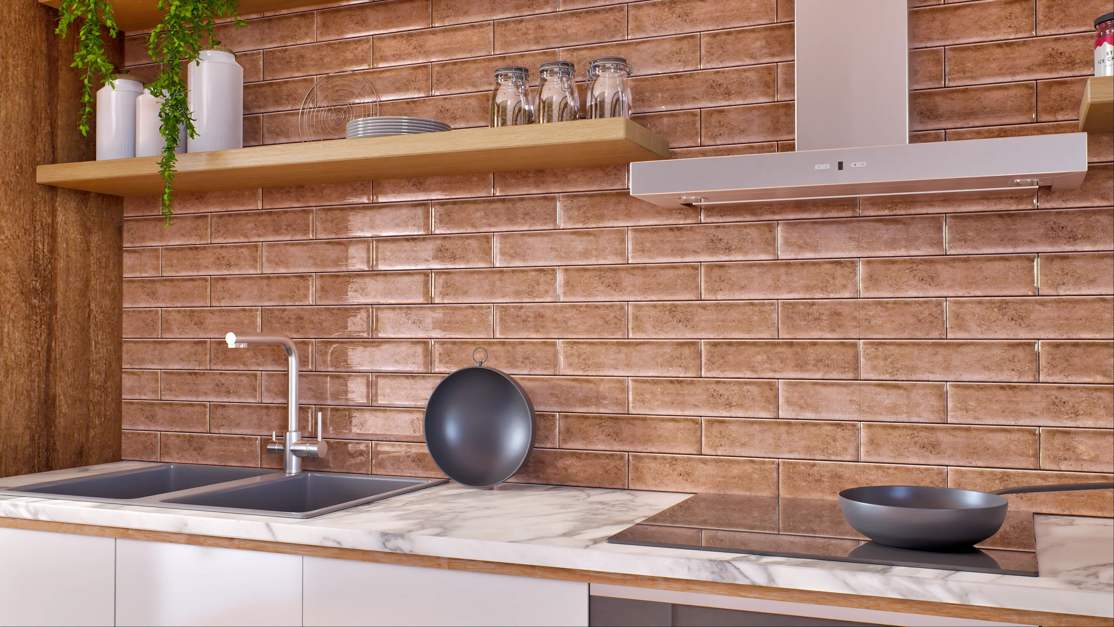 Rustic Kitchen with Brown Subway Tile Backsplash | Material Depot