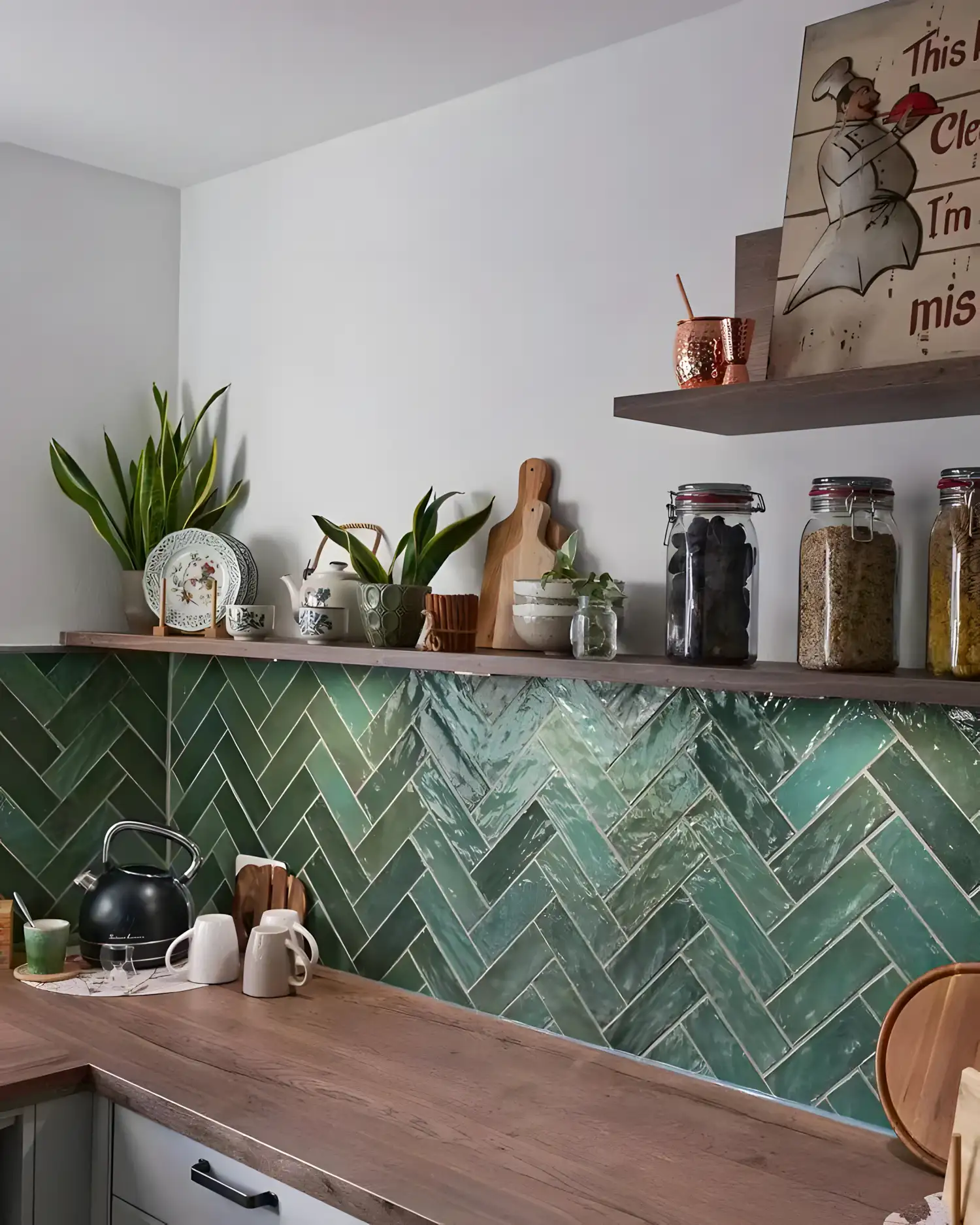 Rustic Kitchen with Green Chevron Tile Backsplash | Material Depot