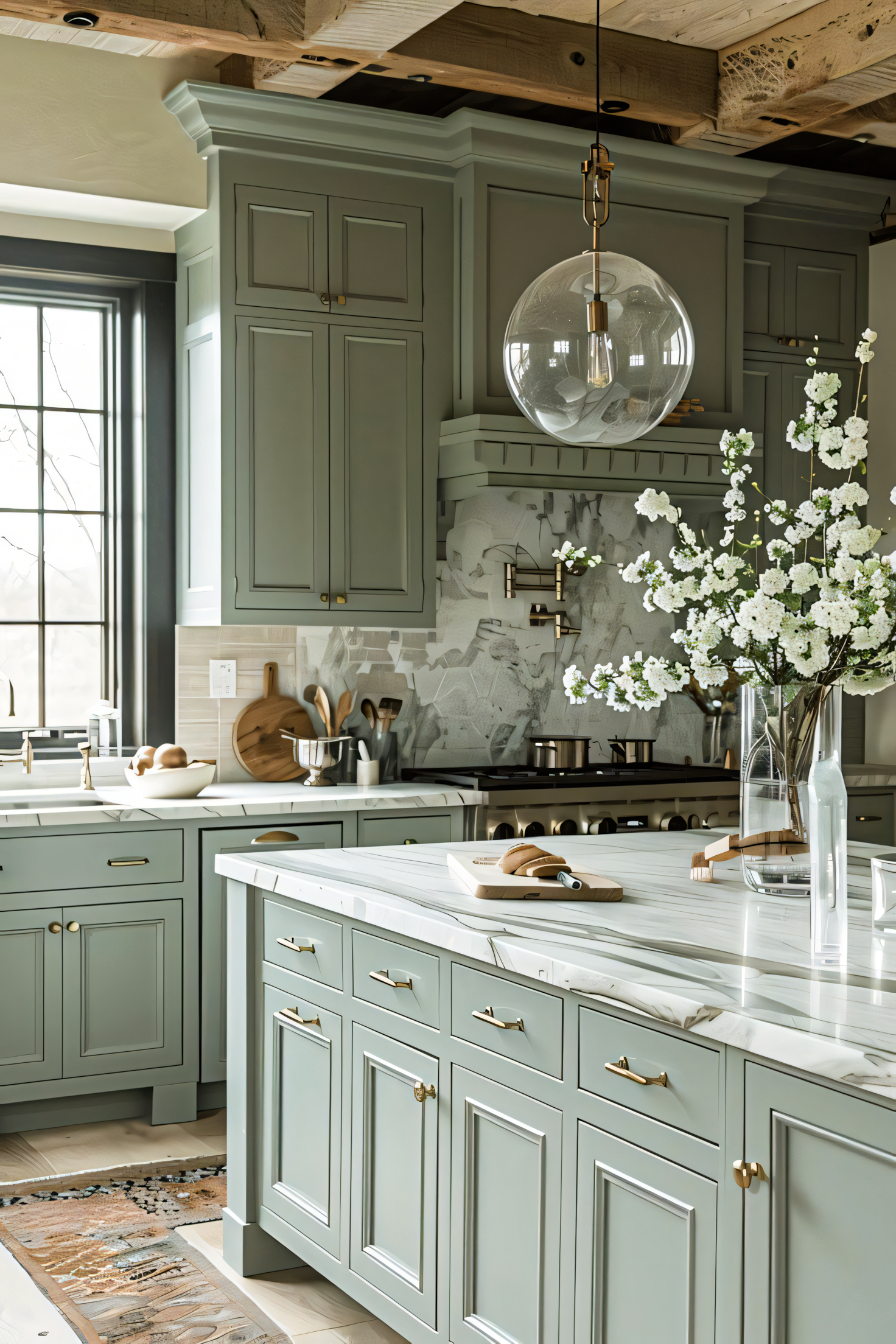 Rustic Modern Fusion: Kitchen with Green Cabinetry and Marble Accents | Material Depot