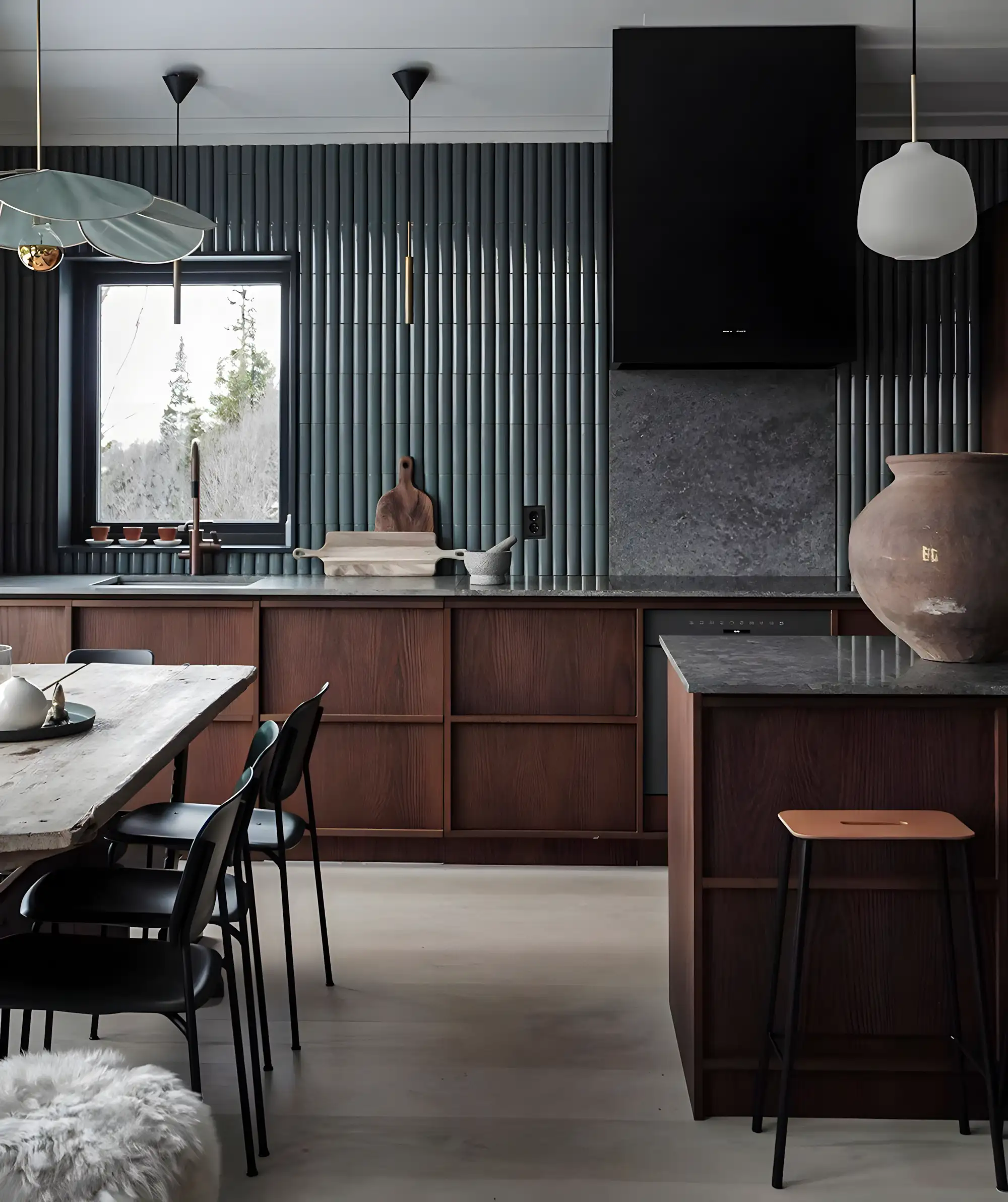 Rustic Modern Kitchen with Vertical Tile Backsplash and Warm Wooden Tones | Material Depot