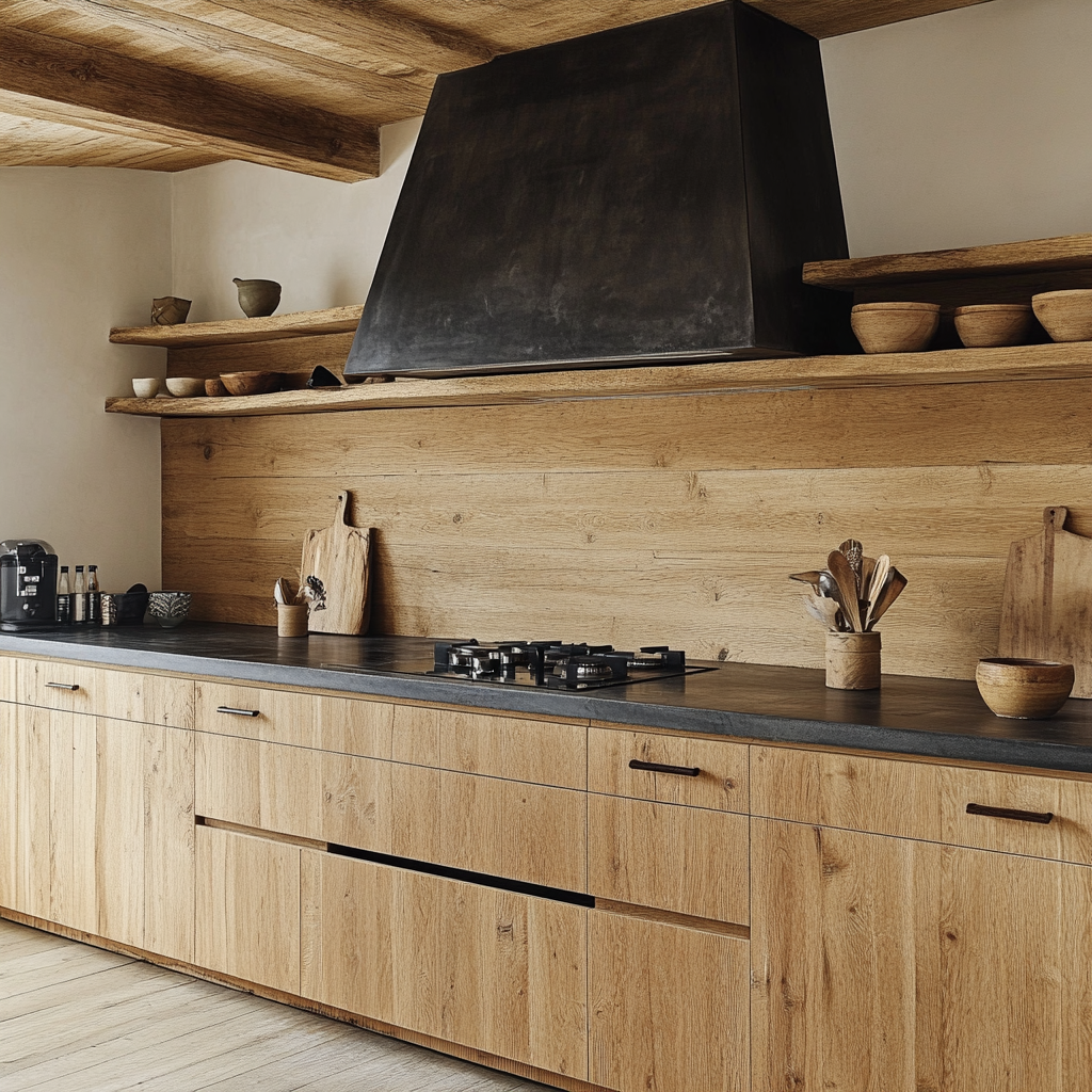 Rustic Modern Kitchen with Wood Accents and Black Hood | Material Depot